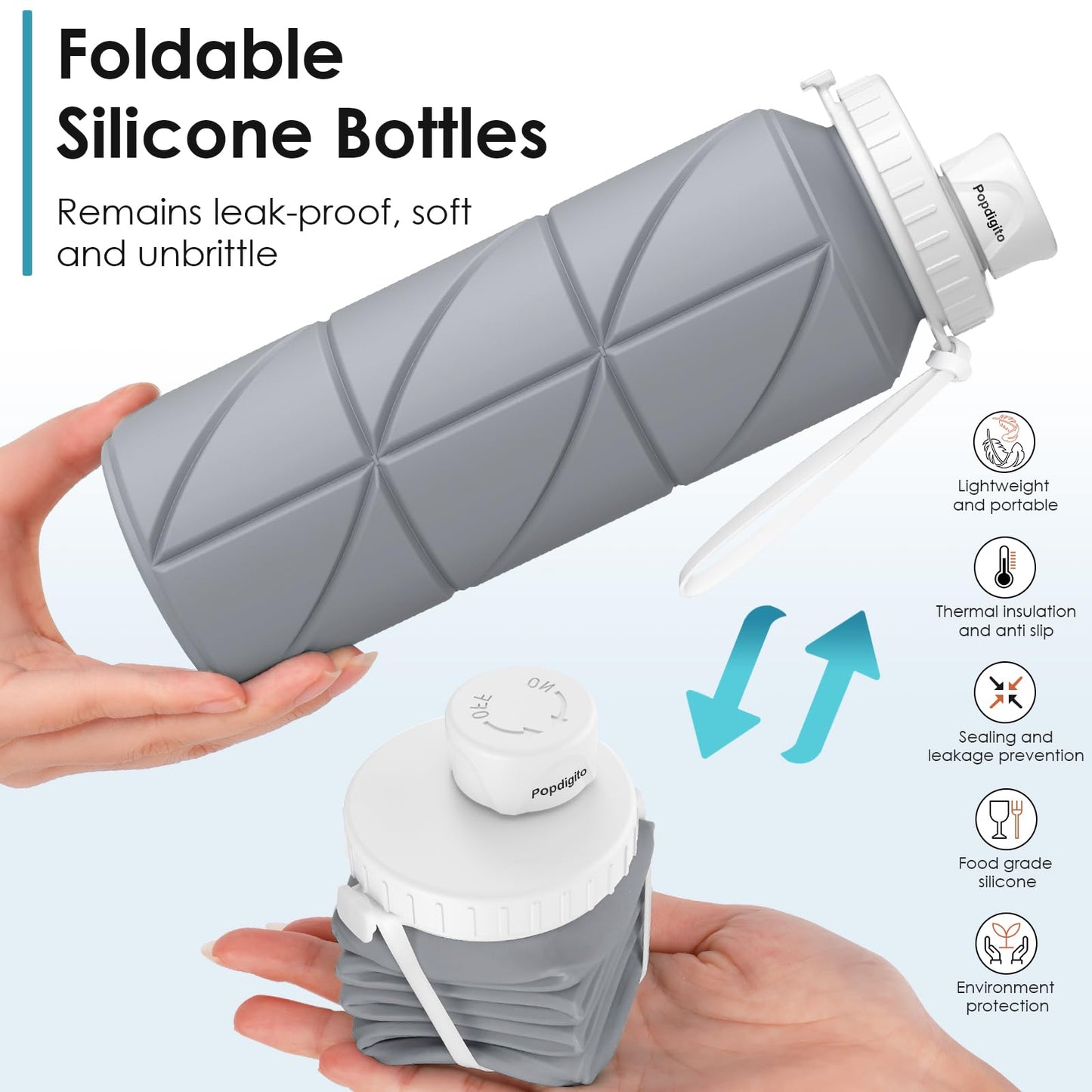 Popdigito Collapsible Water Bottle Foldable Silicone Travel Water Bottle Leakproof Flexible BPA Free Portable,Folding Water Bottle Lightweight for Camping, Hiking,Sports Water Bottles Travel 23oz