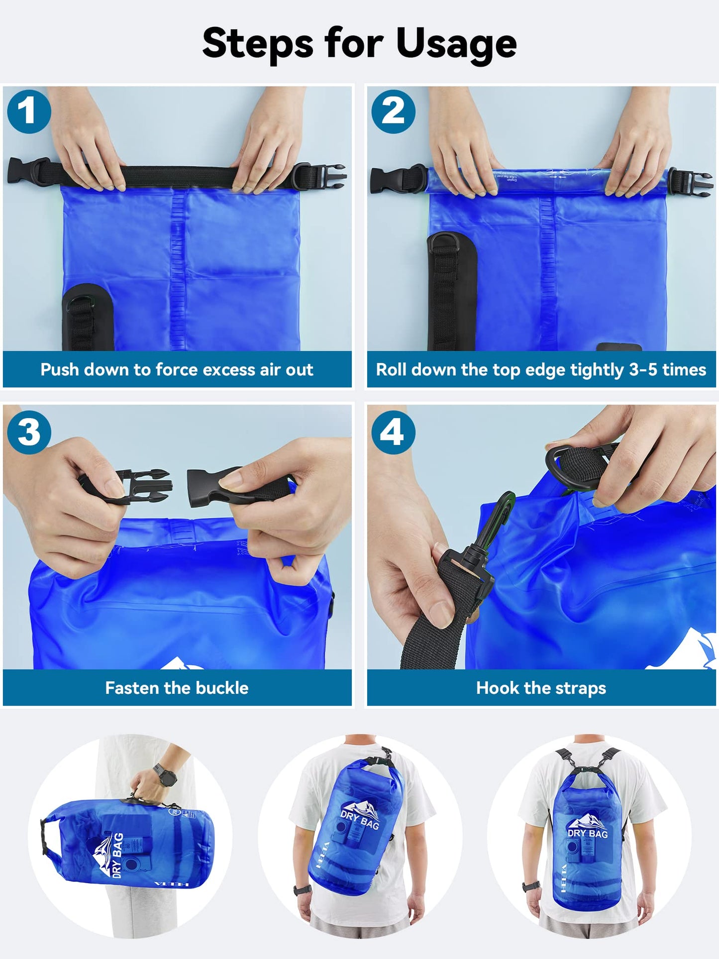 HEETA Waterproof Dry Bag for Women Men, 5L/10L/20L/30L/40L Roll Top Lightweight Dry Storage Bag Backpack with Phone Case for Travel, Swimming, Boating, Kayaking, Camping and Beach (Navy Blue, 5L)