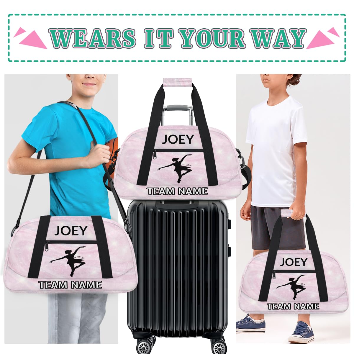 Voloreju Customize Dance Bag for Girl Personalized Kids Gym Bag Ballet Sports Bags with Name Team Name