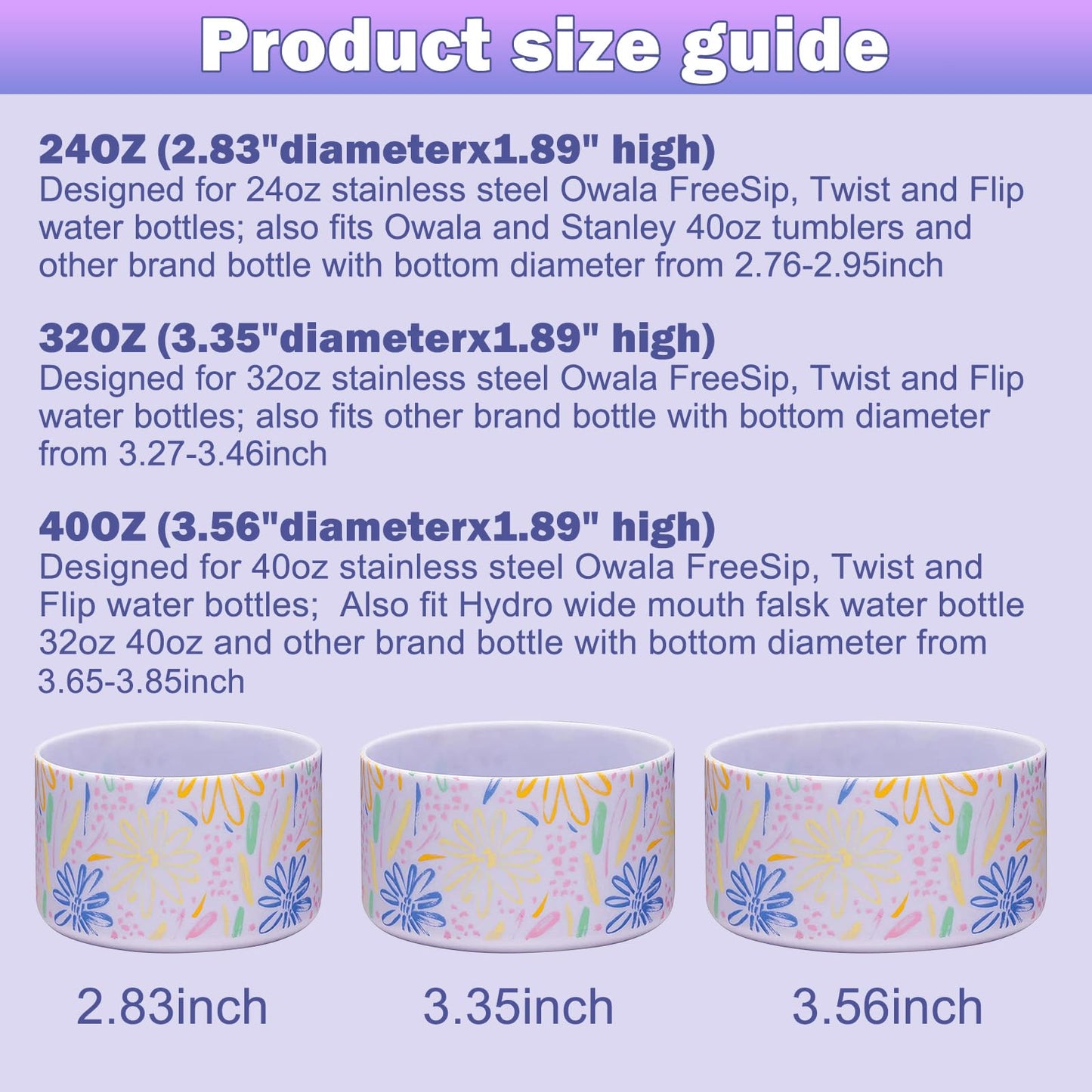 WK IEASON 2Pcs Silicone Water Bottle Boot for Owala 24oz, Protective Flask Bottom Cover Base for Owala FreeSip Twist and Flip Flask Bottles (Floral print Clear/fog, 24OZ)