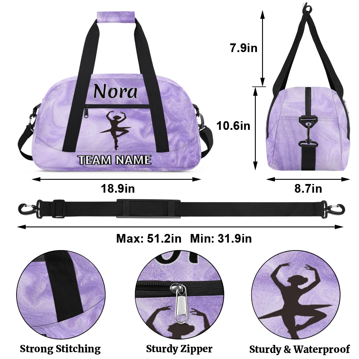 Voloreju Personalized Dance Gym Bag Cheer Bags for Girls Customize Travel Duffle Bag Foldable Sports Bag Kids Ballet Bag