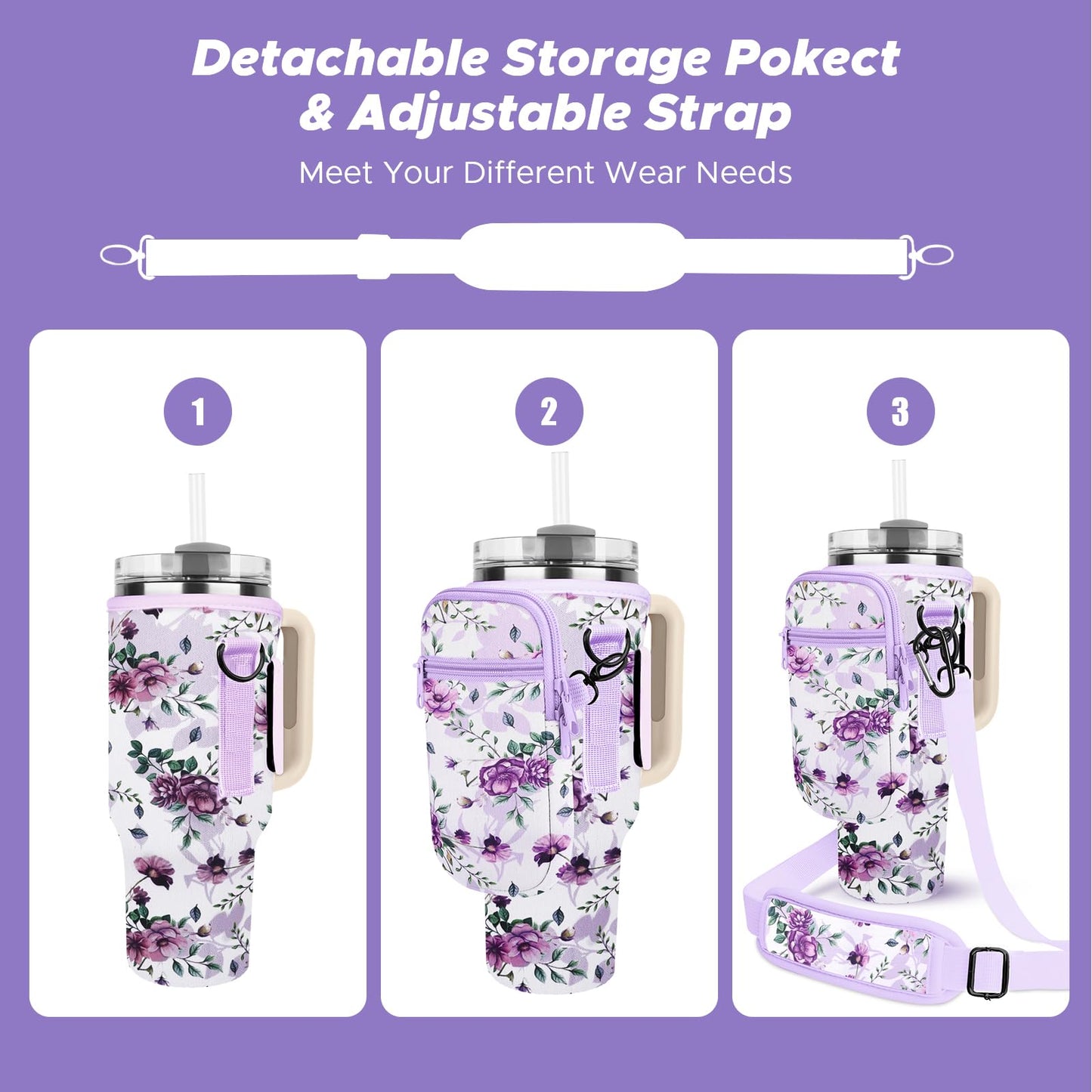 Watter Bottle Carrier Bag with Detachable Pocket Compatible with Stanley& Simple Morden 40oz Tumbler with Handle,Water Cup Holder with Adjustable Shoulder Strap& Carabiner for Stanley Cup Accessories
