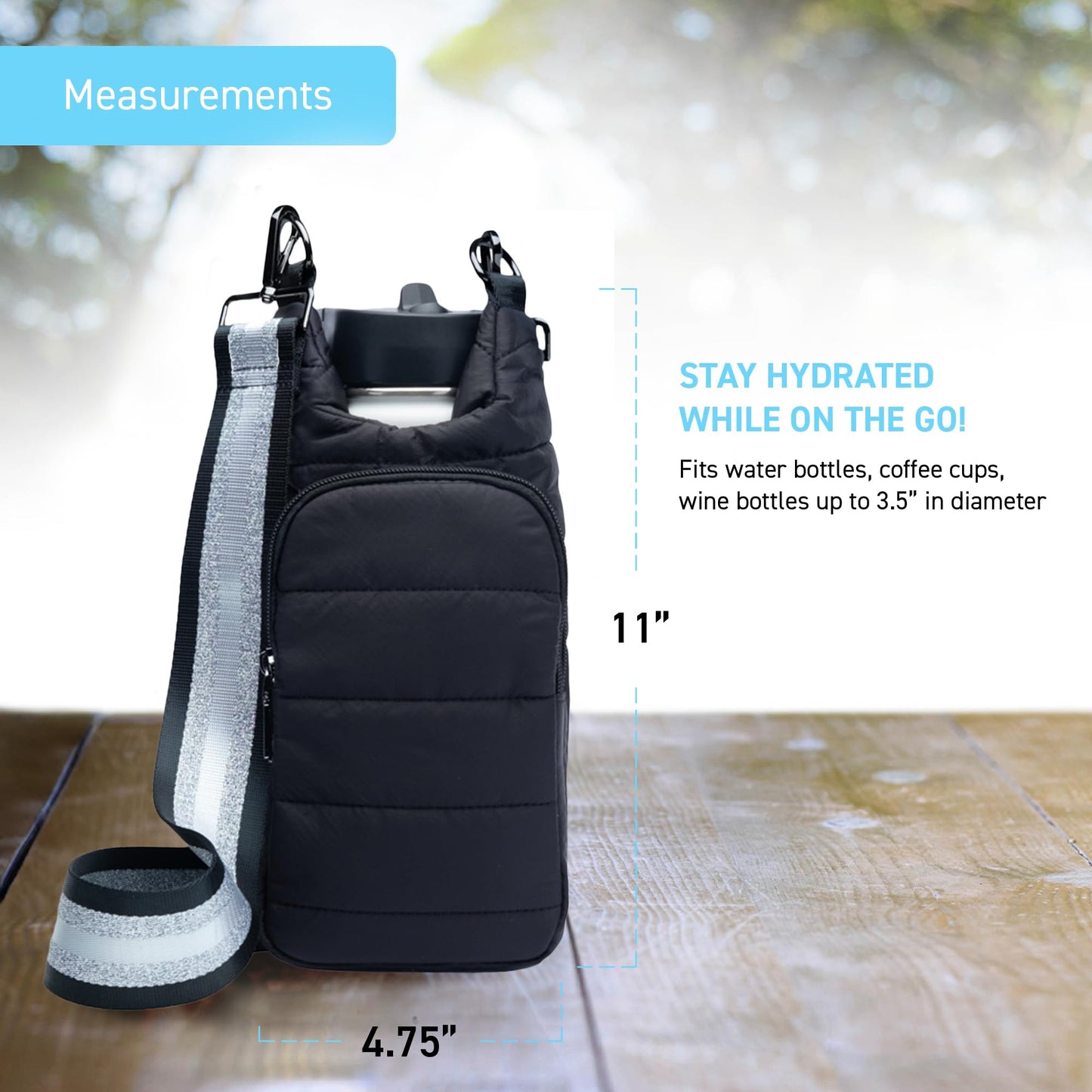 WanderFull Original Crossbody HydroBag | Quilted Water Bottle Carrier | Puffer Tote Tumbler Holder with Pockets for Phone & Accessories | Carry Travel Essentials (Matte Black/Silver Striped Strap)