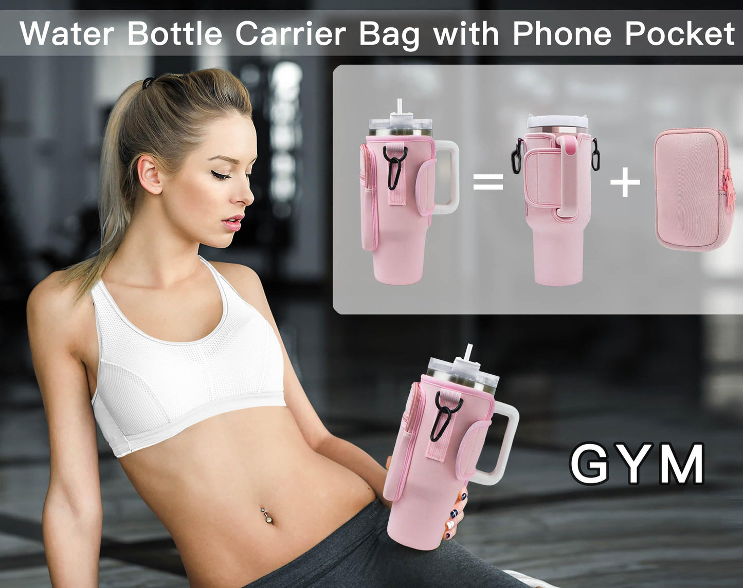 Aganmi Initial Water Bottle Carrier Bag with Phone Pocket for Stanley 40Oz Cup Accessories,Water Bottle Holder with Shoulder Strap Mothers Day Birthday Gifts for Women Mom Teacher Friend(Pink S)