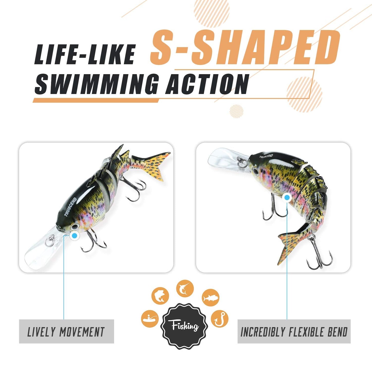 TRUSCEND Fishing Lures for Bass Trout Multi Jointed Swimbaits Slow Sinking Bionic Swimming Lures Bass Freshwater Saltwater Bass Lifelike Fishing Lures Kit (A6-3.9",0.49oz)