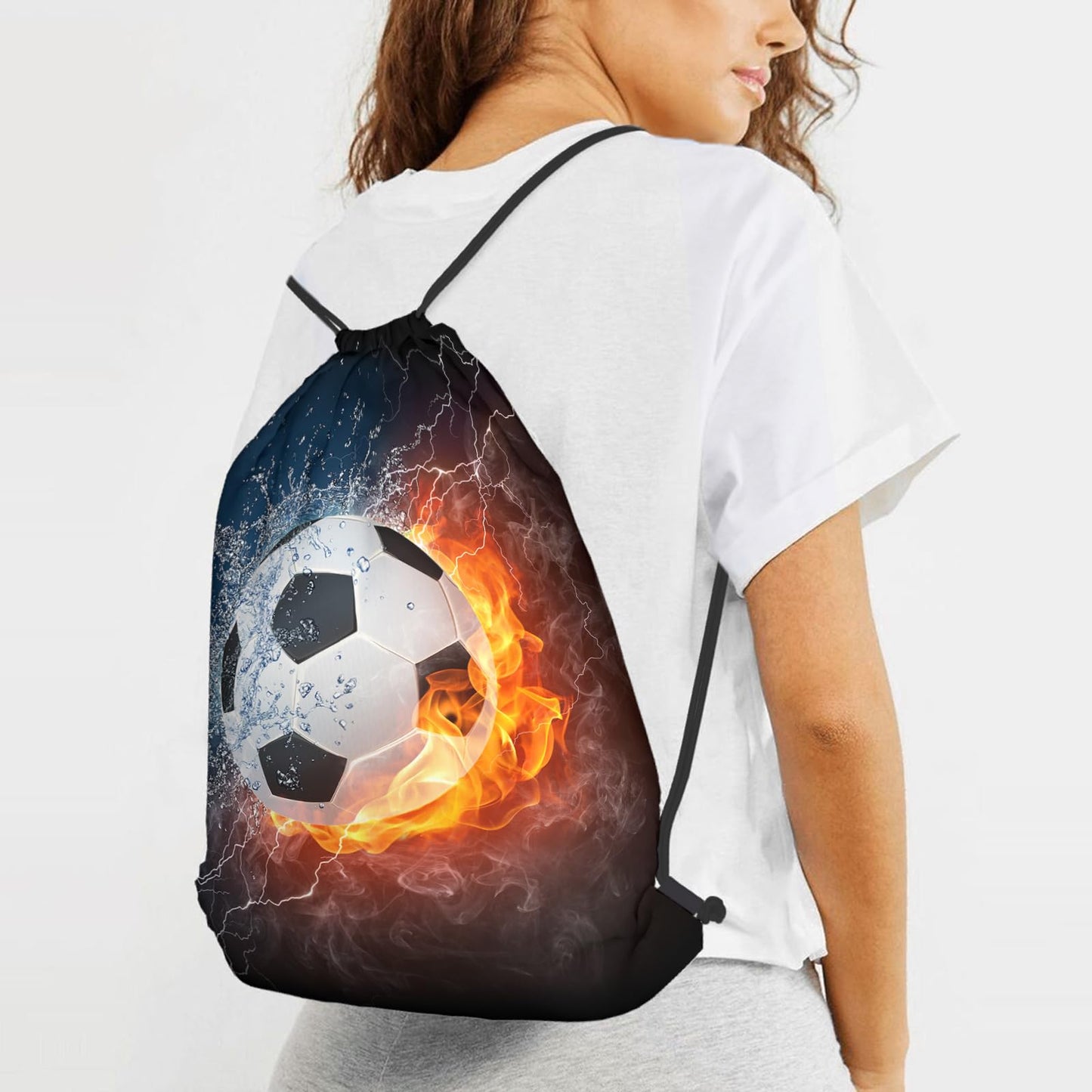 Zautey Soccer Drawstring Bag Fire Water Enveloped Sport Soccer Backpack Bag Sports Drawstring Sackpack String Bag for Men Women