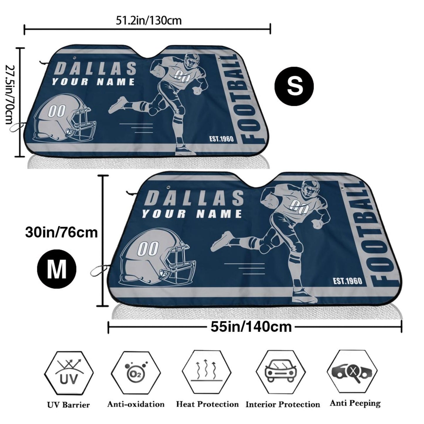 Personalized Dallas Windshield Sun Shade for Car SUV Truck UV Rays Sun Visor Protector Keep Your Vehicle Cool Add Name Number Gifts for Football Fan