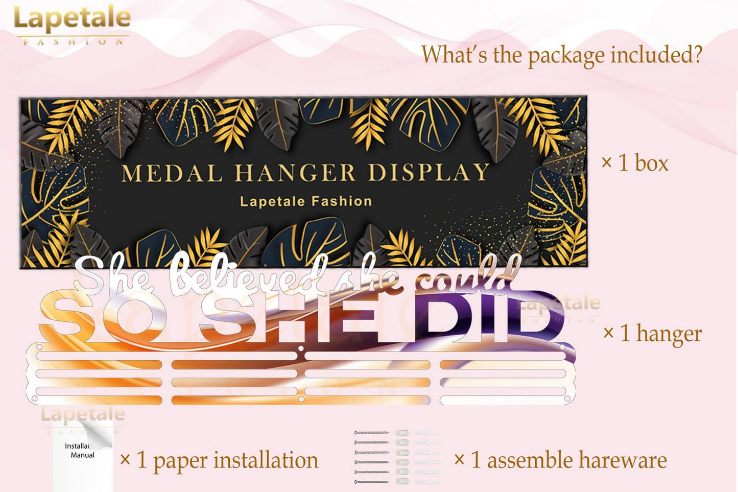 Lapetale Fashion Medal Hanger Holder Display Wall Rack Frame Shelf in 16" long-Medal Hanger Awards Ribbon Cheer,gymnastics,soccer,softball