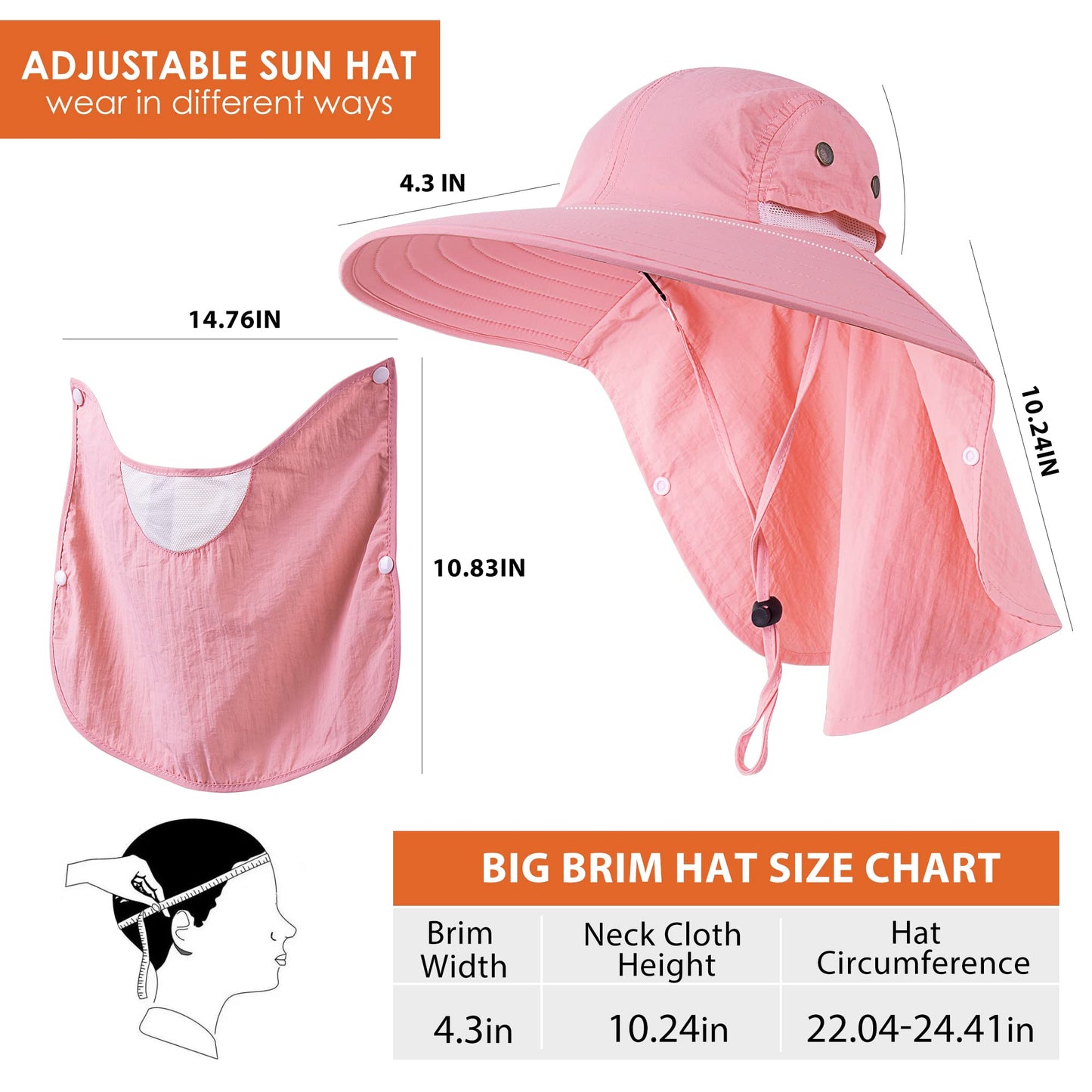 HEEHIPOO Mens Women Fishing Hat UPF 50+ Wide Brim Sun Hat with Face Cover & Neck Flap Pink