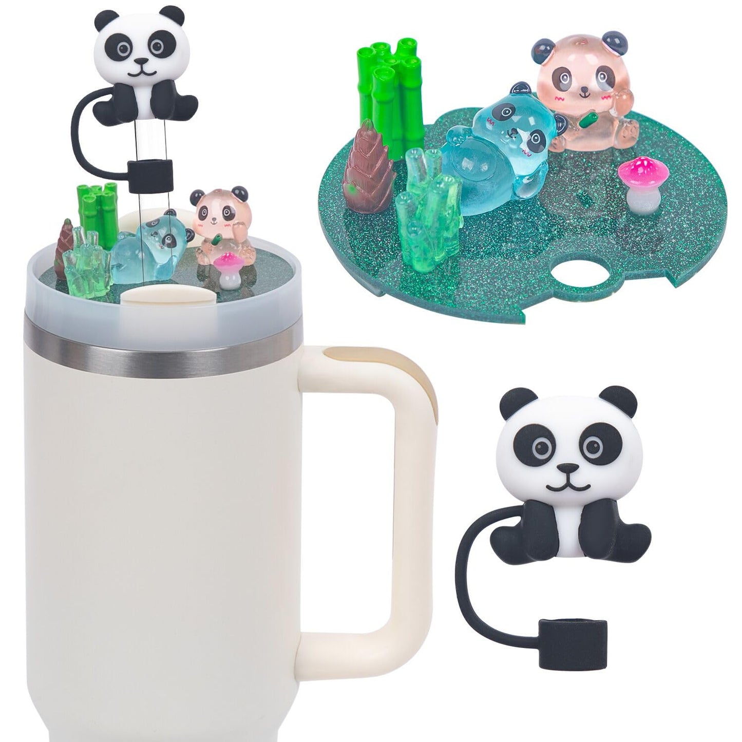 Compatible with Stanley Cup Lid Accessories Charms, Charms for Stanley Cups H2.0 Accessories 30oz 40oz with Silicone Straw Cover Cap for Tumblers (Panda, 40oz)