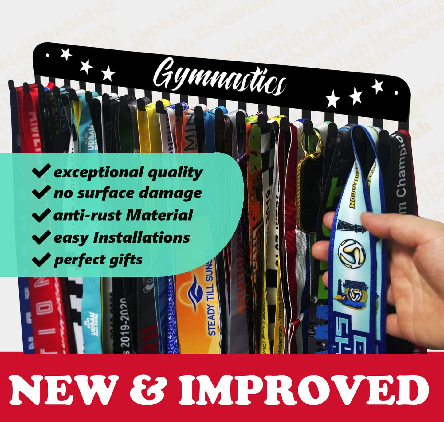 iBobbish Premium Gymnastics Medal Holder Display Rack with 20 Hanging Hooks,Gymnastics Medal Holder For Wall with 16inchL,Upgraded Gymnastics Medal Holder with Simple Design For Girls & Boys in Black