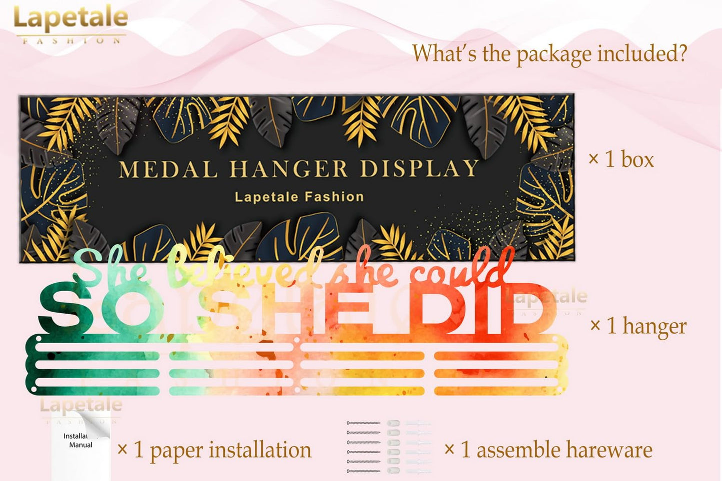 Lapetale Fashion Medal Hanger Holder Display Wall Rack Frame Shelf in 16" long-Medal Hanger Awards Ribbon Cheer,gymnastics,soccer,softball Holder Display Custom Rack for Sports Medals Easy to Install