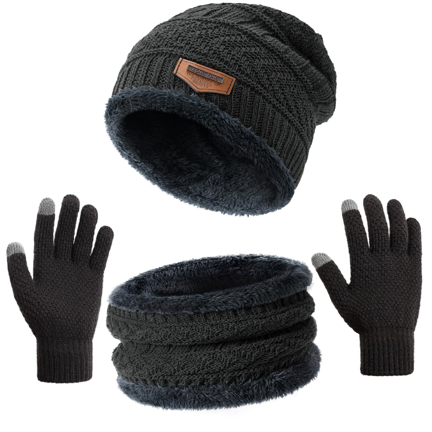 Winter Hat Beanie Circle Scarves Touchscreen Gloves Set, Warm Clothes Set with Knit Fleece Lined Skull Cap Gloves Neck Warmer for Men Women, Dark Grey