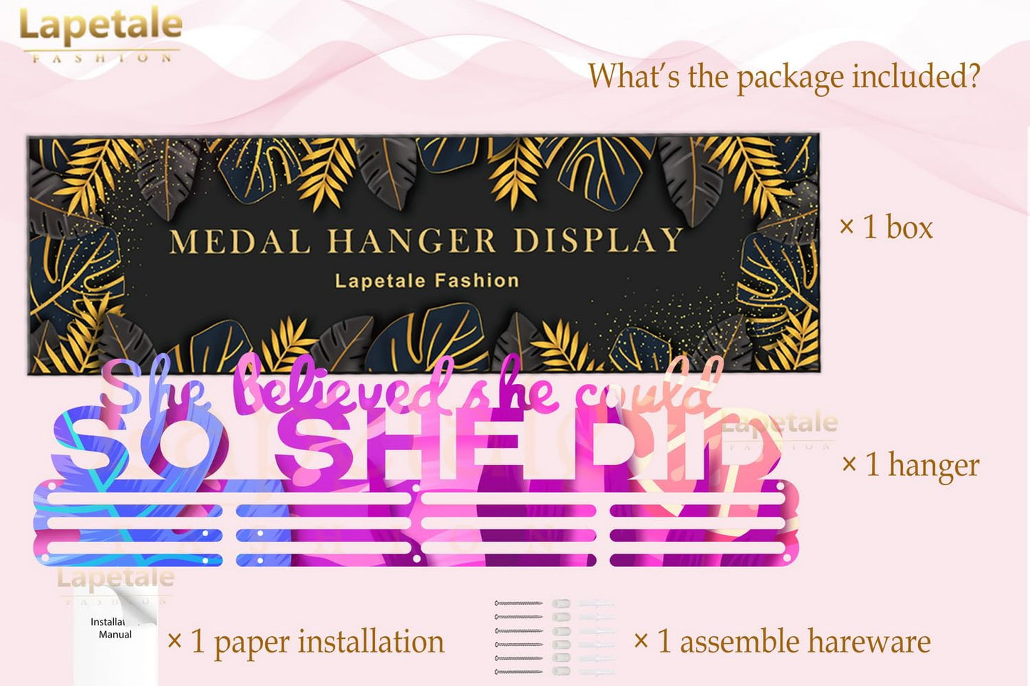 Lapetale Fashion Medal Hanger Holder Display Wall Rack Frame Shelf in 16" long-Medal Hanger Awards Ribbon Cheer,gymnastics,soccer,softball Holder Display Custom Rack for Sports Medals Easy to Install