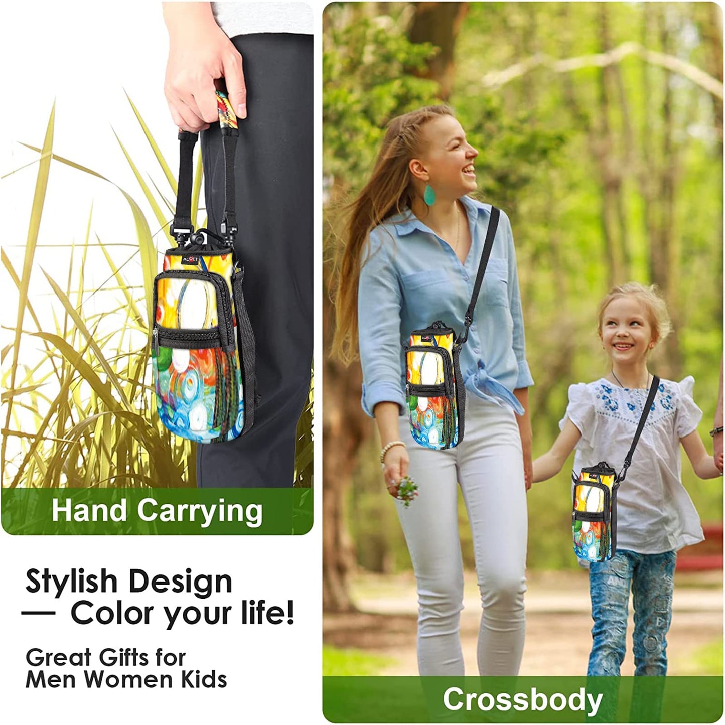 AUPET Water Bottle Sling Bag Sleeve Holder Carrier 25/32/40/64 oz,Insulated Crossbody Water Bottle Case Cover with Strap and Pockets for Men/Women Walking Hiking Camping (25oz, colorful tree)