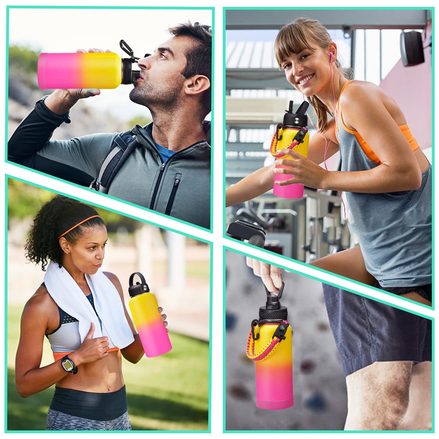 32/40/64oz Insulated Water Bottle with Paracord Handle, Sleeve Carry Strap, Straw Spout Lid, Wide Mouth Metal Canteen Sports Thermo Mug, Leak & Sweat Proof Cold Flask Jug for Camping Traveling