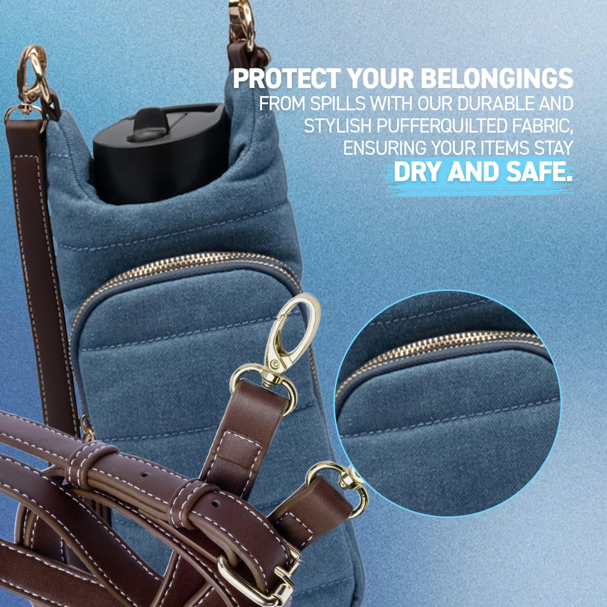 WanderFull Original Crossbody HydroBag | Quilted Water Bottle Carrier & Adjustable Vegan Leather Strap | Denim Tote with Two Pockets for Phone & Accessories | Carry Travel Essentials (Blue)