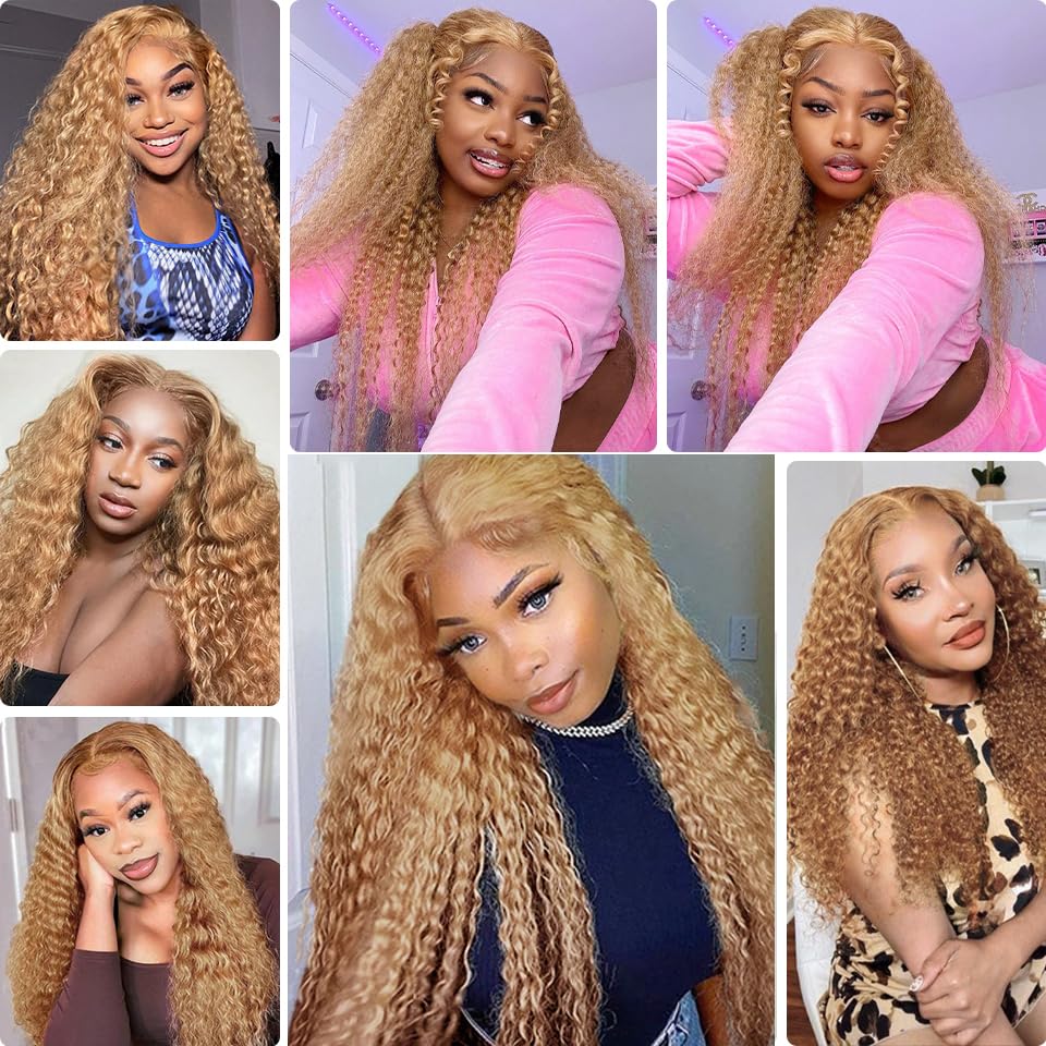 #27 Bundles Human Hair Honey Blonde Deep Wave Bundles 14 16 18 Inch 8A Peruvian Virgin Hair 3 Bundles Color 27 Deep Wave Bundles Hair Extensions Blonde Bundles Human Hair