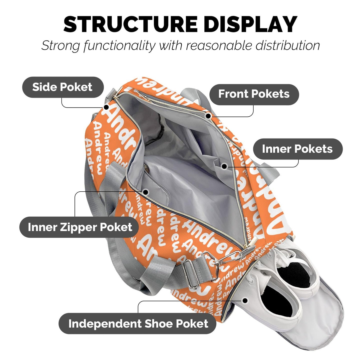 Personalized Sports Gym Bag Weekender Overnight Bags Orange Customized Travel Duffel Bag with Name Waterproof Luggage Bag for Women