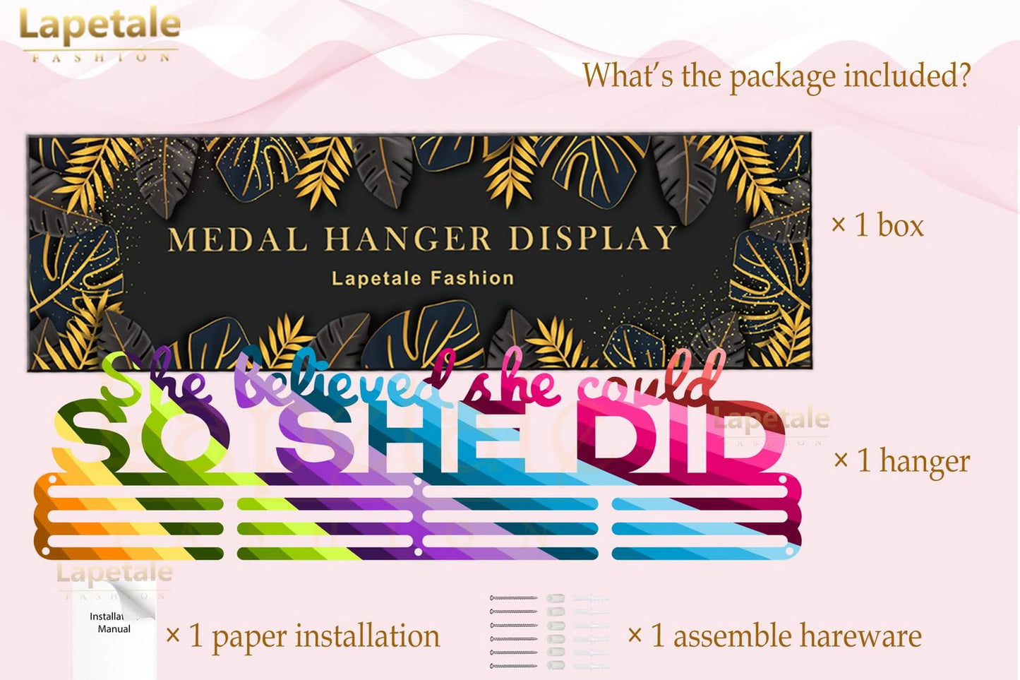 Lapetale Fashion Medal Hanger Holder Display Wall Rack Frame Shelf in 16" long-Medal Hanger Awards Ribbon Cheer,gymnastics,soccer,softball Holder Display Custom Rack for Sports Medals Easy to Install