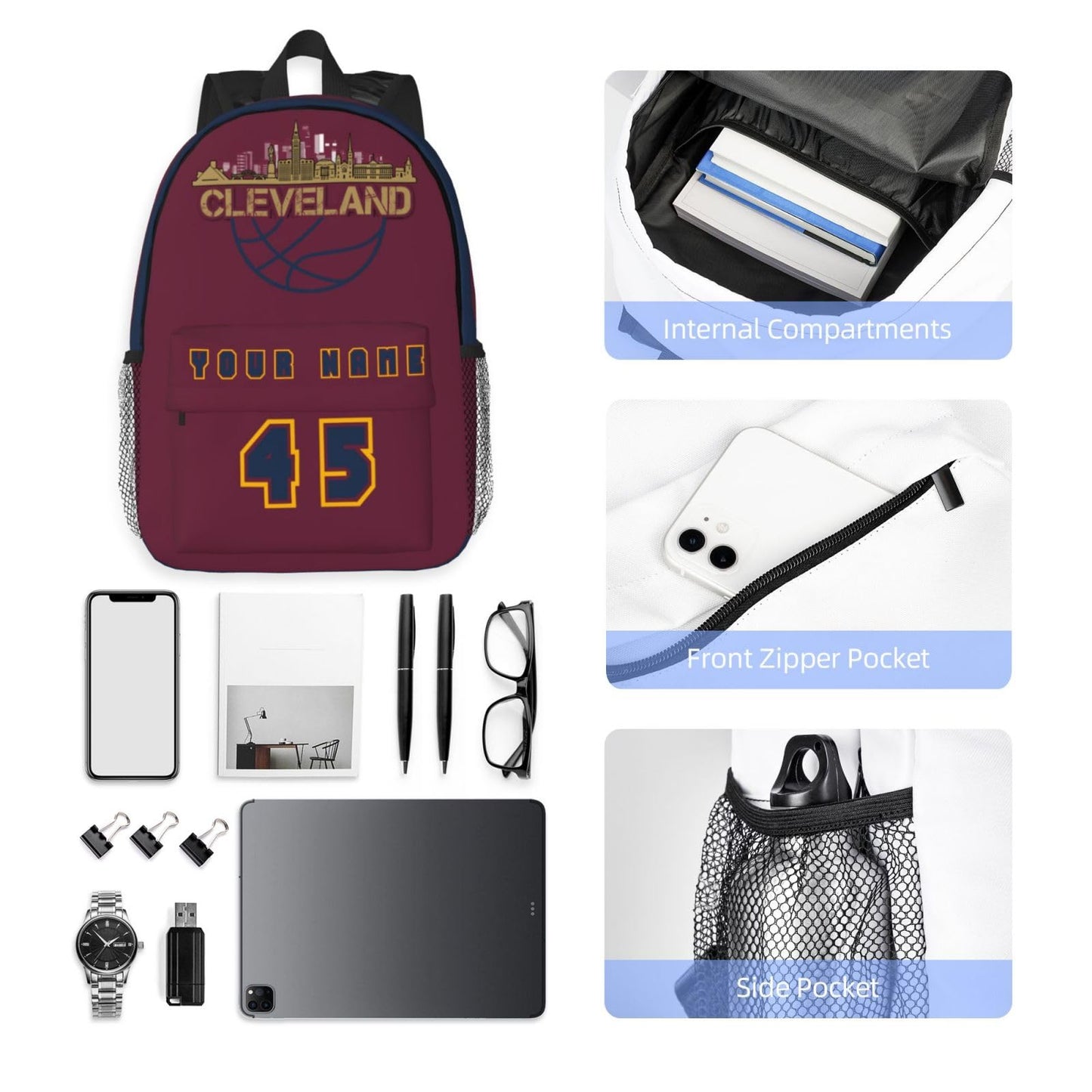Jvpprds Cleveland Custom Backpack for Boys Personalized Schoolbag Customized Bag with Name Numbers Fans Gifts