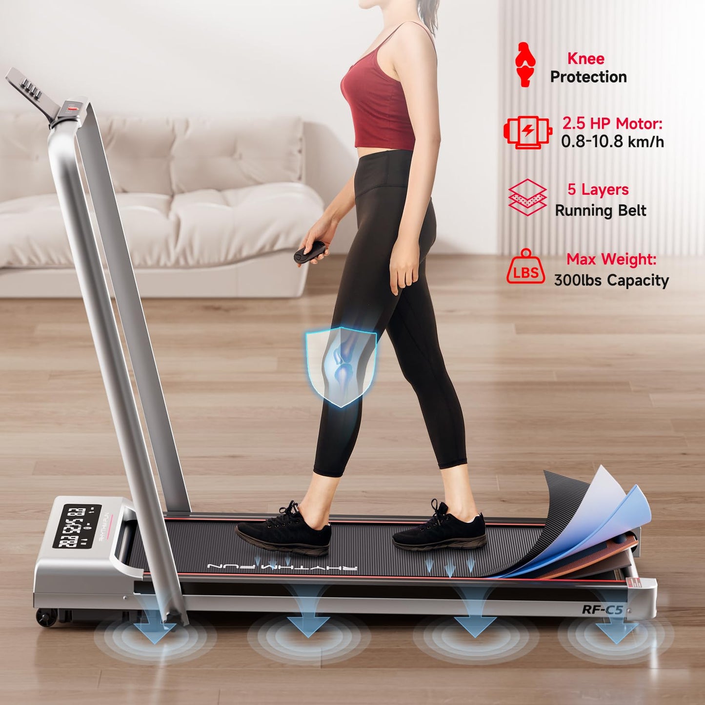 RHYTHM FUN Foldable Treadmill, 300 lb Capacity Walking Pad 2.5HP Treadmill Under Desk, Portable Treadmill for Home and Office, Folding Treadmill 2 in 1 with Remote Control, LED Display (SL-C5)