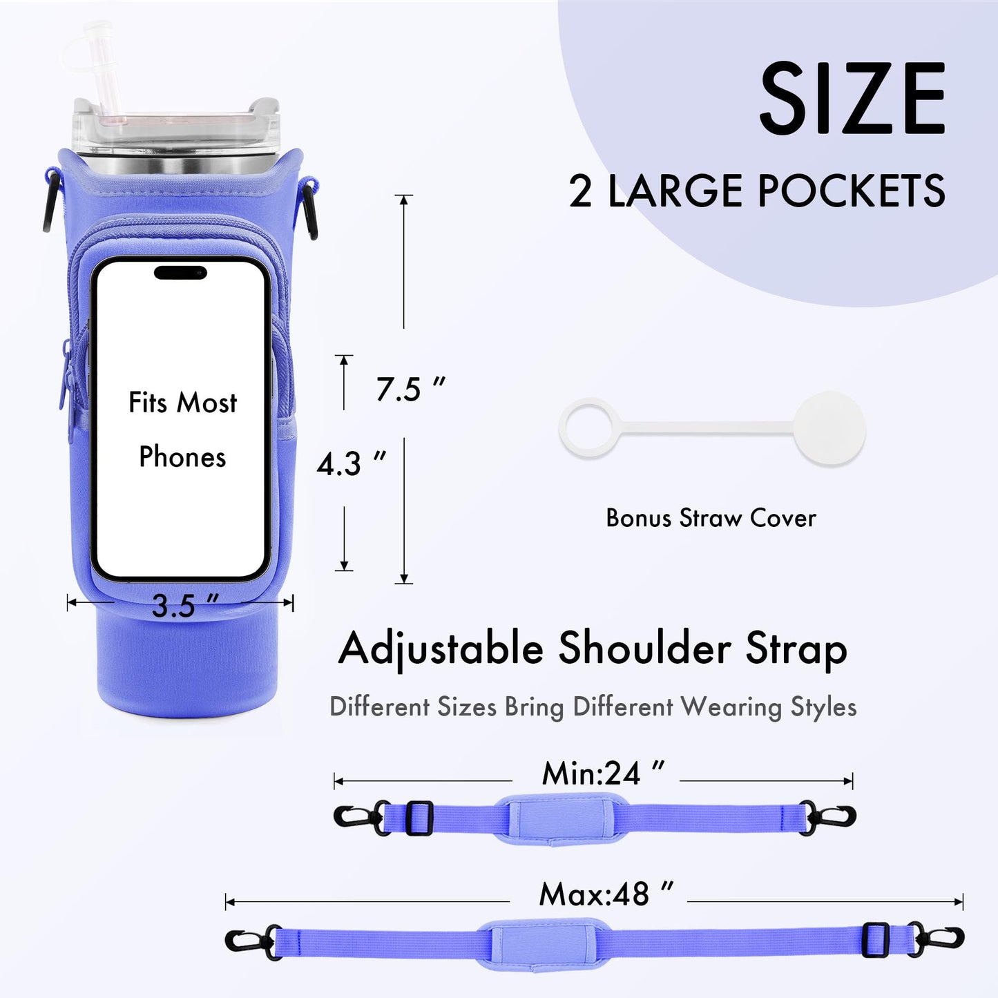 JEBEALUO Water Bottle Carrier Bag with Phone Pocket for Stanley Cup 40/30 oz, Water Bottle Holder with Adjustable Strap& Straw Cover, Stanley Cup Accessories (Violet)