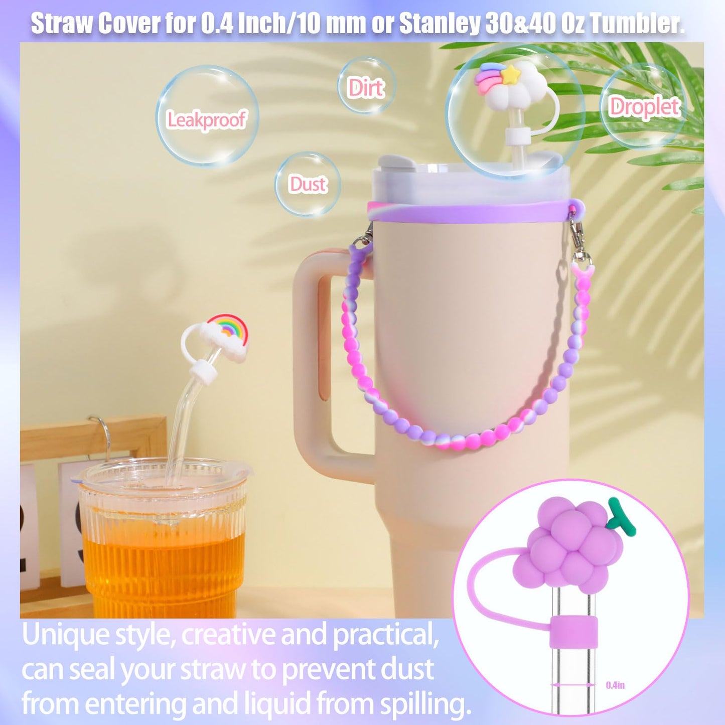 Needbrock Water Bottle Handle for Stanley Cup, Water Bottle Handle Strap Fits Most 8-40oz Water Bottles, Compatible with Stanley Cup Strap Carrier and 3 Pcs Straw Cover(Purple)