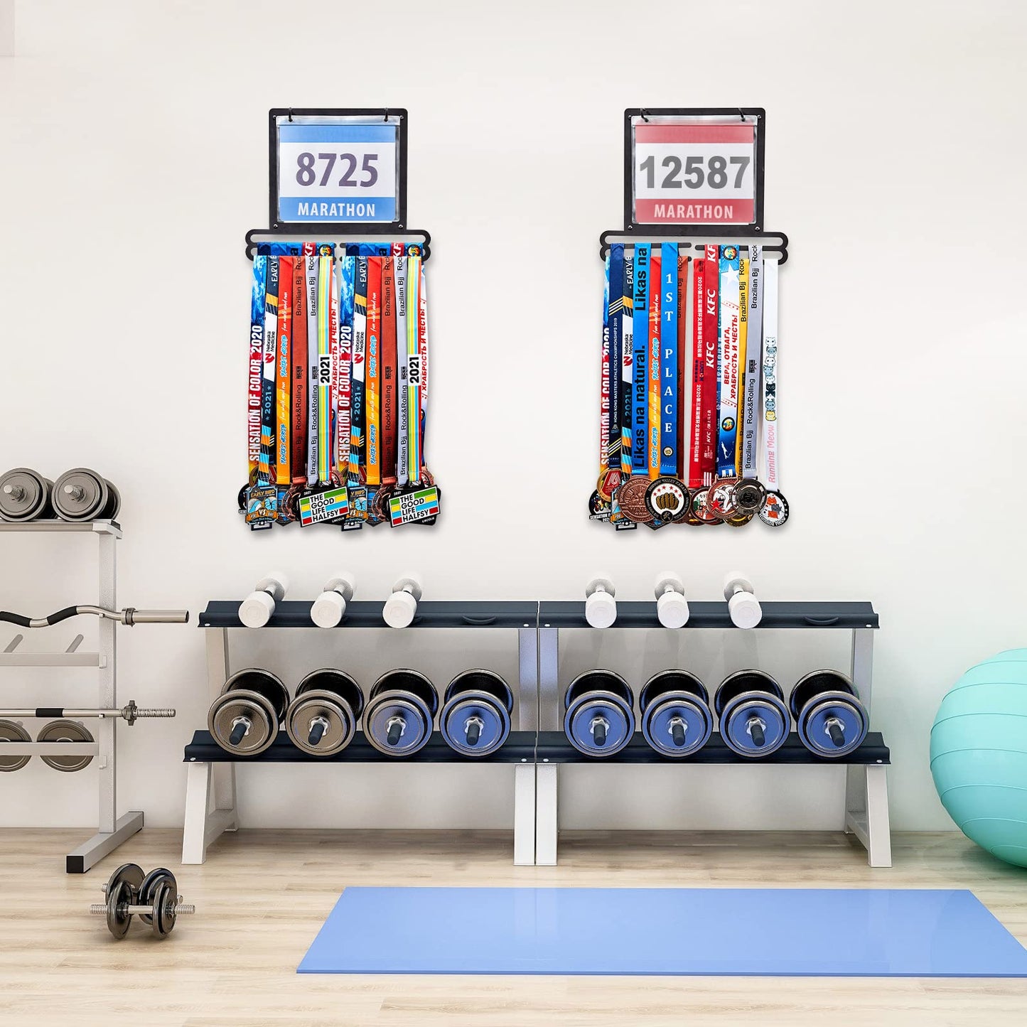 Moxweyeni Race Medal and Bib Display Medal Hanger Running Bib and Medal Holder Wall Mounted Hanging Medal Rack Holders with Bib Holder Gifts for Runners, 13.78 x 11.22 Inch (Black)