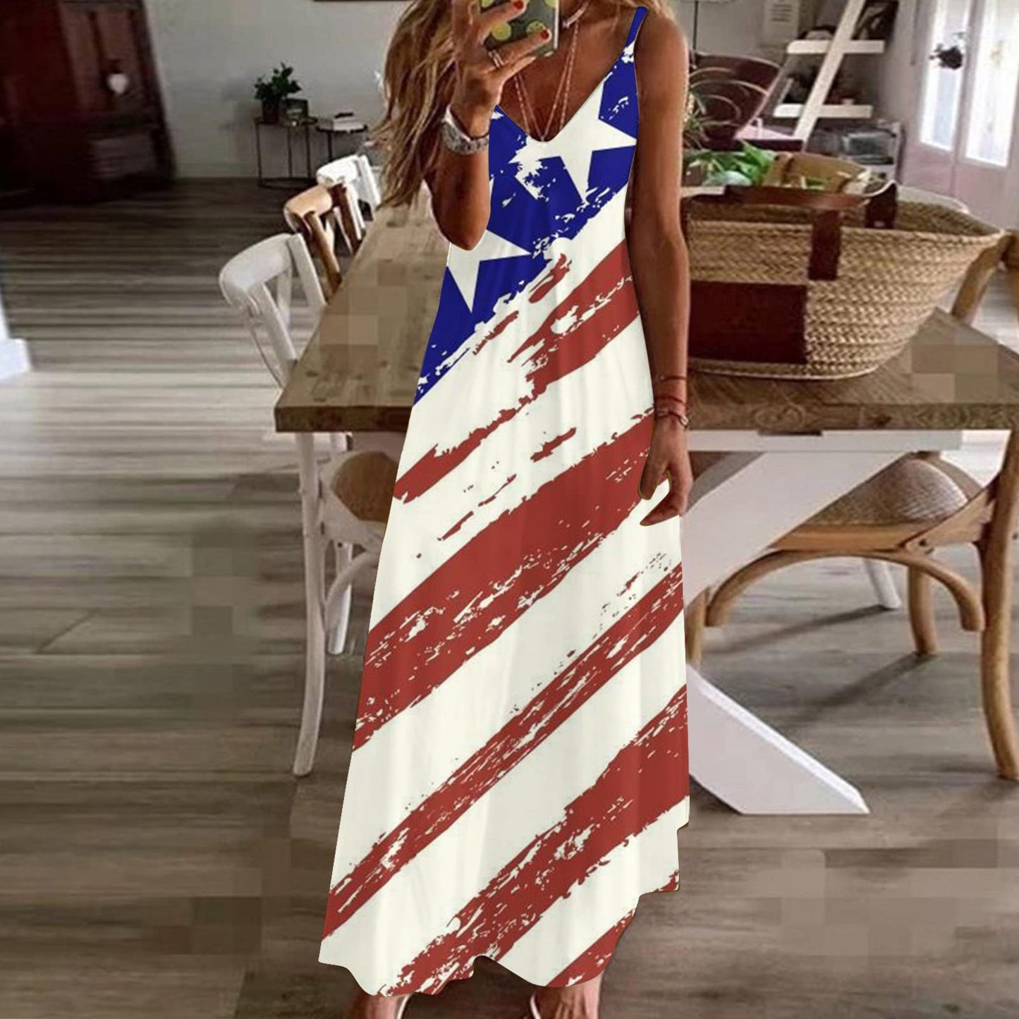 hlysgo Patriotic Dress for Women 2024 Trendy Stars Stripes Print Sleeveless V Neck Maxi Dresses 4th of July Vacation Dress