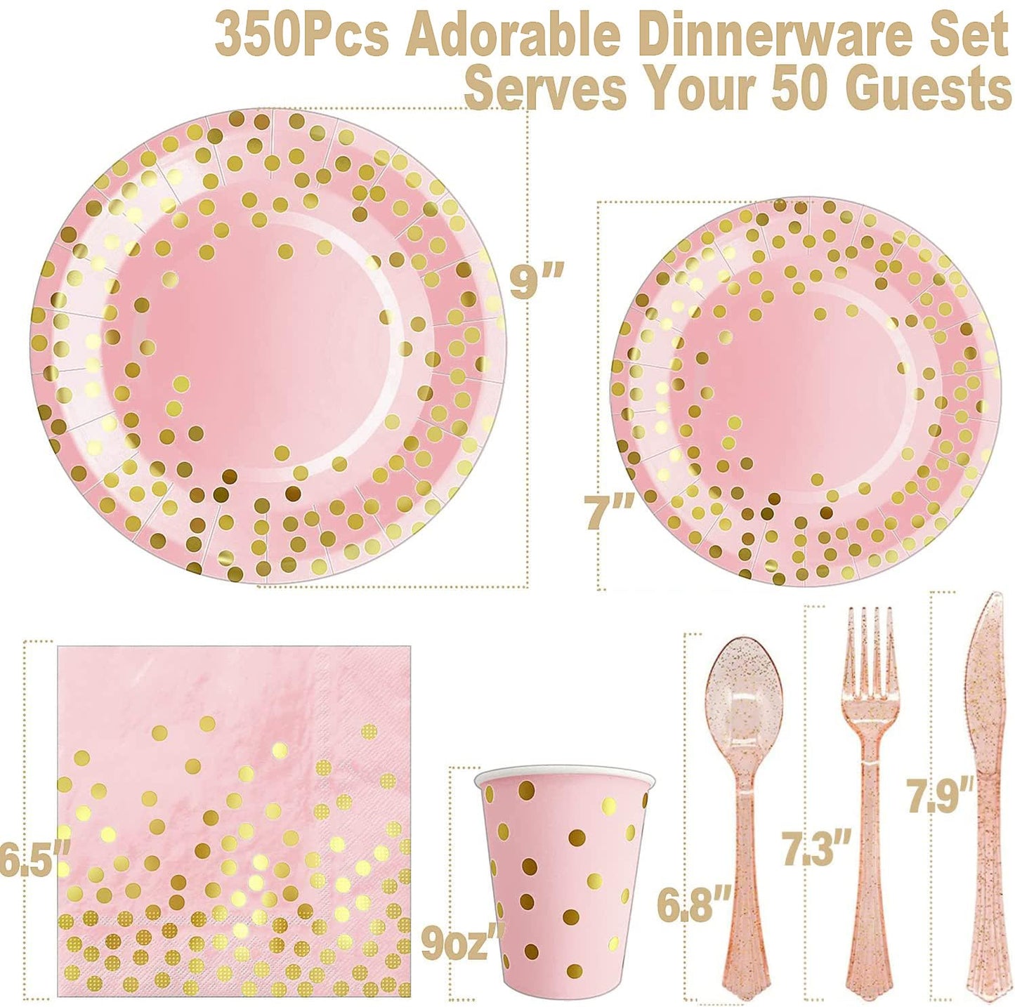AIRE 350PCS Pink and Gold Party Supplies, Severs 50 Disposable Partyware, Gold Plastic Cutlery, Napkins, Plates for Baby Shower, Birthday, Wedding