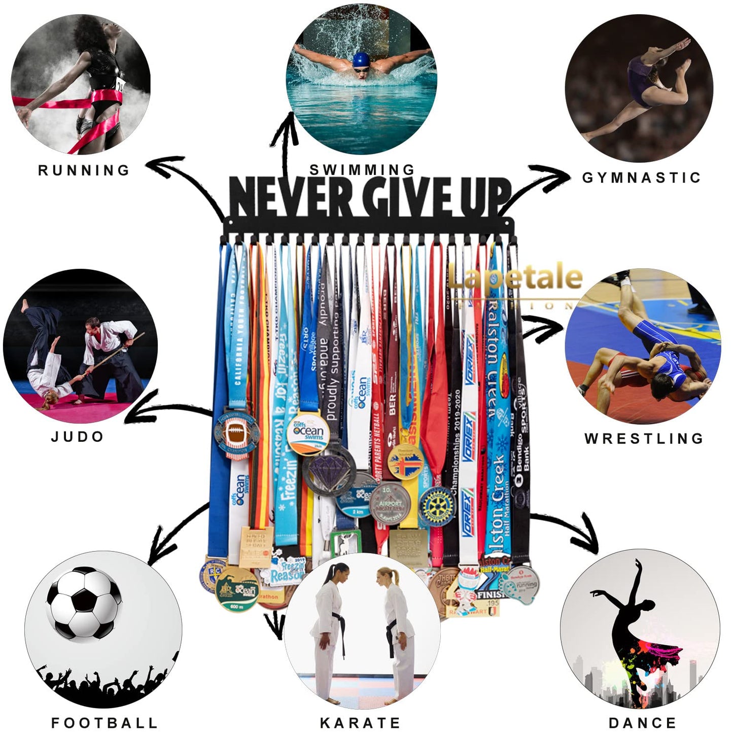 Lapetale Fashion Medal Hanger Holder Display Rack Award Ribbon Organizer for Race,Running,Soccer,Gymnastic,Wrestling,Upgraded Hooks Easy Install Easy to Use Common Slogans Normal Font