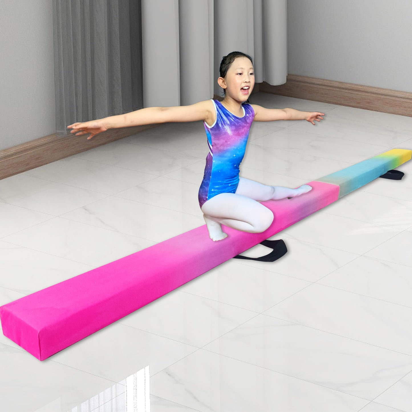 FC FUNCHEER 8FT Folding Balance Beam -Gymnastics Floor Beam -Gymnastics Equipment for Kids,Wood core- Anti-Slip Bottom and Carrying Bag for Home (Suede, Gradient Rainbow)
