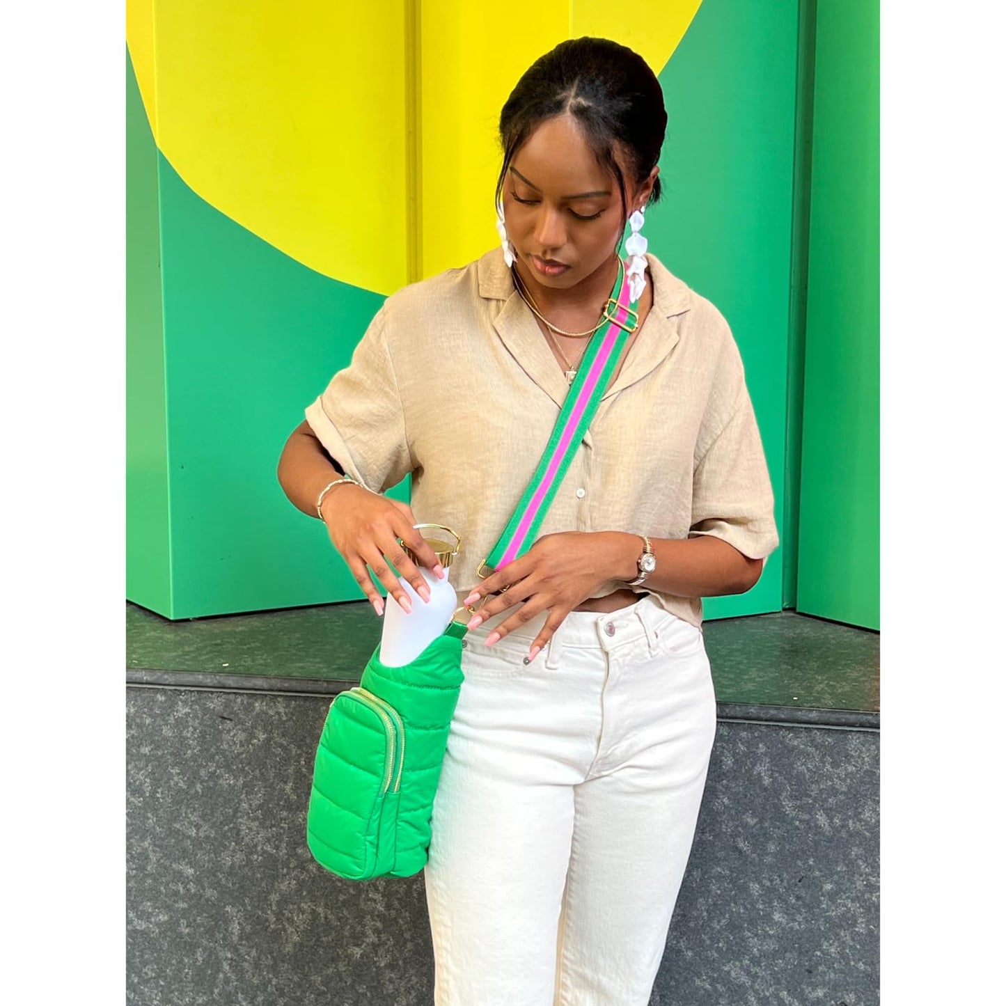 WanderFull Original Crossbody HydroBag | Quilted Water Bottle Carrier | Puffer Tote Tumbler Holder w/Pockets for Purse, Phone & Accessories | Carry Travel Essentials (Kelly Green Matte/Striped Strap)
