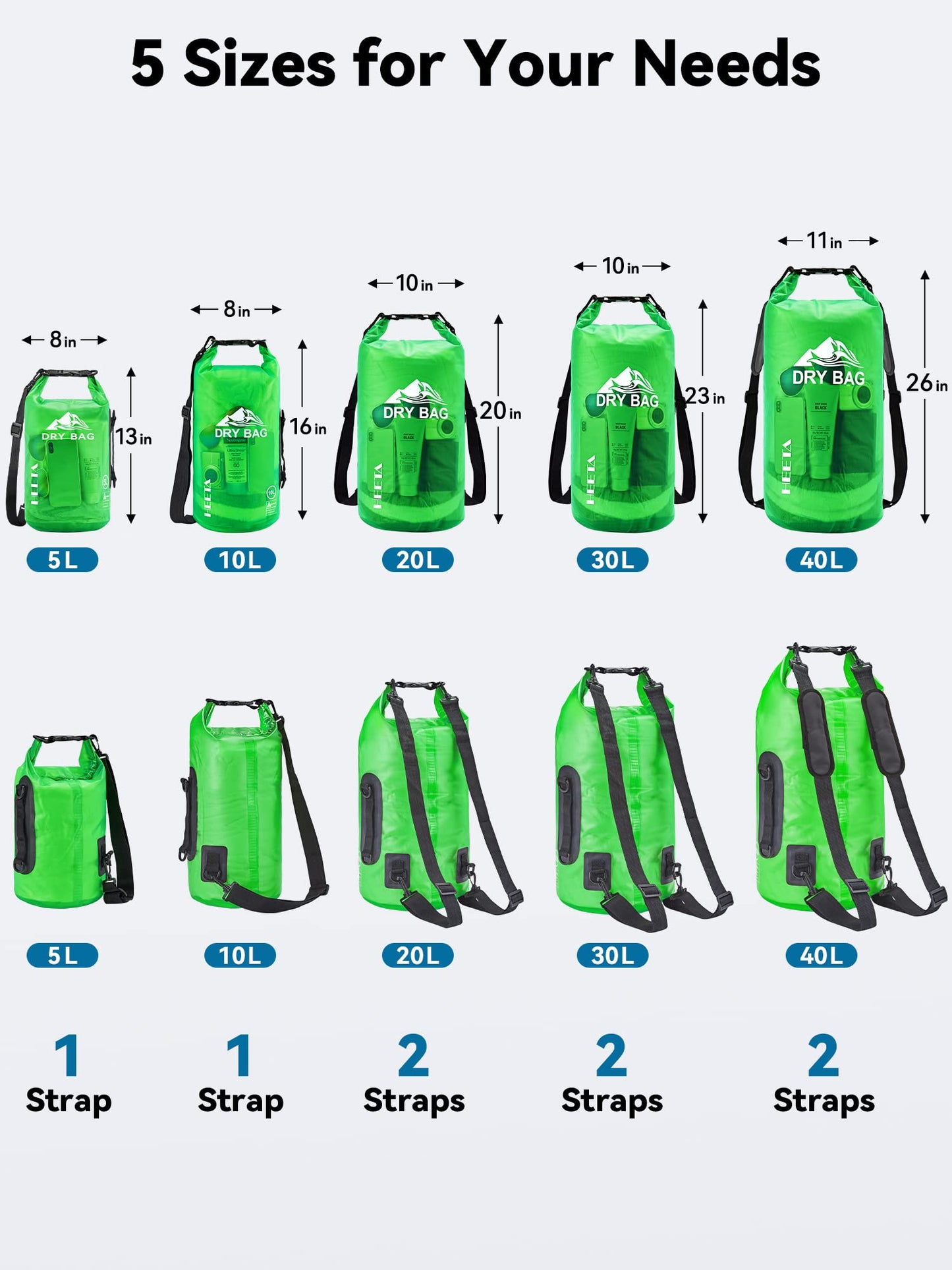 HEETA Waterproof Dry Bag for Women Men, Roll Top Lightweight Dry Storage Bag Backpack with Phone Case for Travel, Swimming, Boating, Kayaking, Camping and Beach, Transparent Green 5L