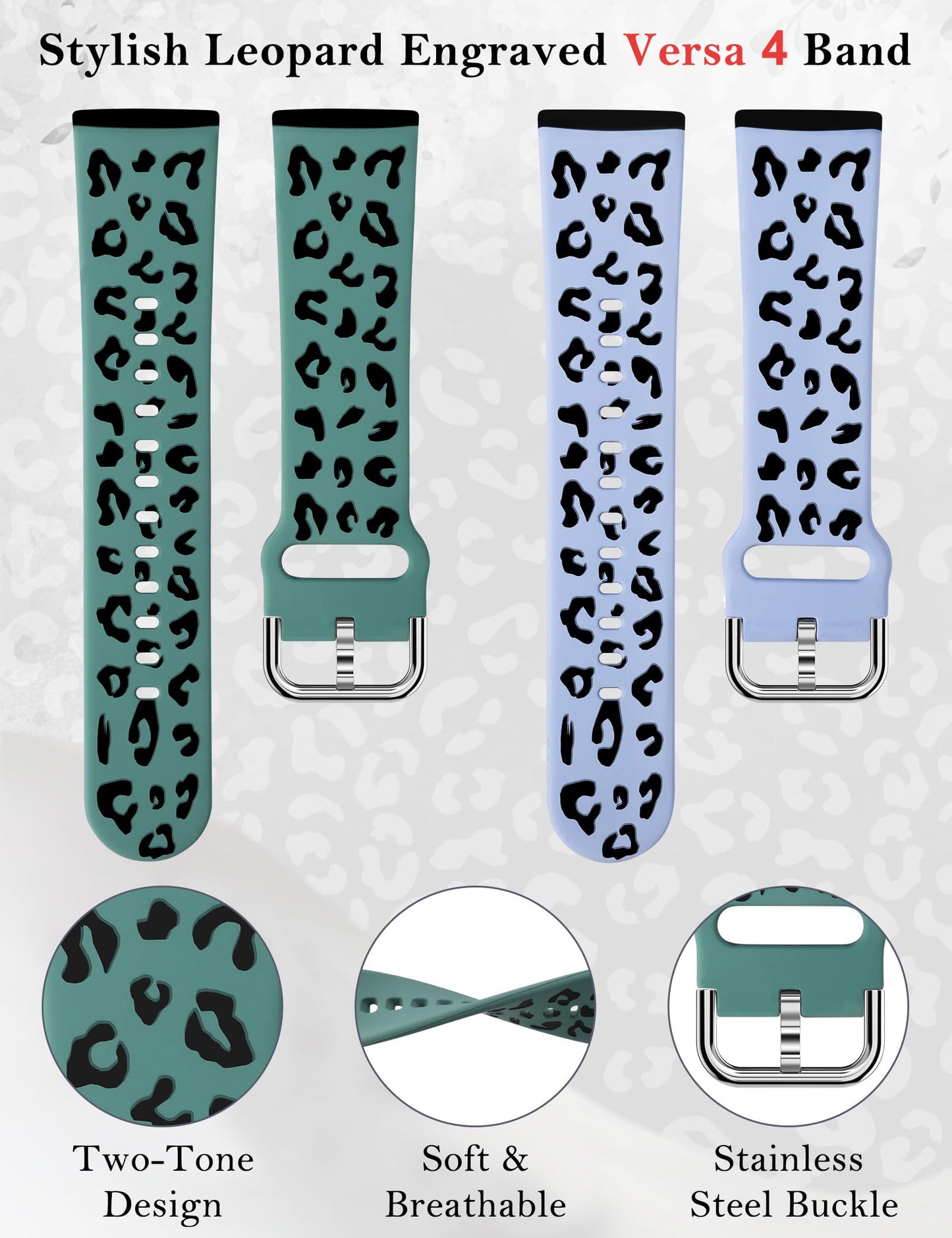Minyee 2 Packs Leopard Engraved Band Compatible with Fitbit Versa 4/Versa 3/Sense 2/Sense Band Women, Two-Tone Cheetah Soft Silicone Sport Designer Cute Summer Replacement Wristband Strap for Versa 3