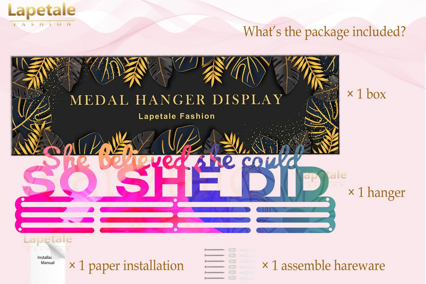 Lapetale Fashion Medal Hanger Holder Display Wall Rack Frame Shelf in 16" long-Medal Hanger Awards Ribbon Cheer,gymnastics,soccer,softball Holder Display Custom Rack for Sports Medals Easy to Install