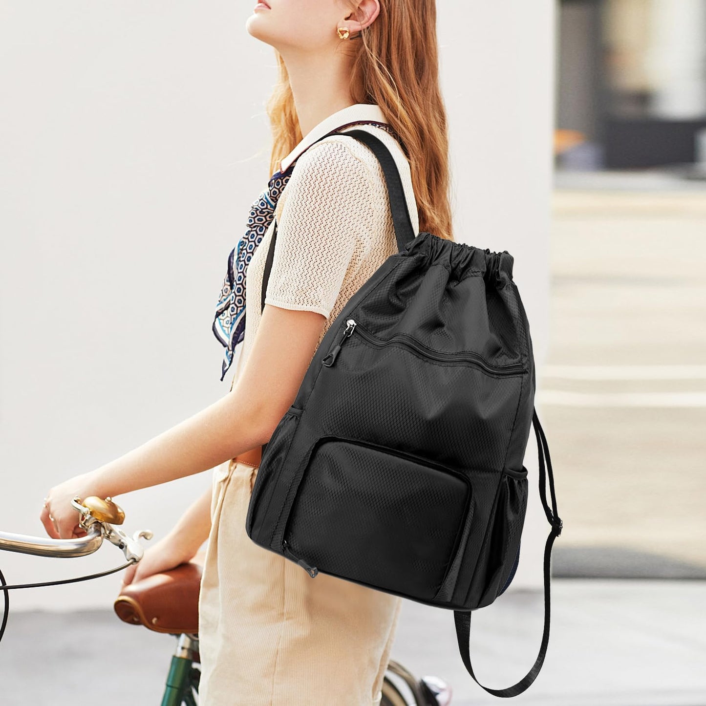 ChuLian Drawstring Backpack with Wet Pocket & Shoe Compartment, Water-Resistant Sports Gym Beach Swim String Bag for Women Men Black
