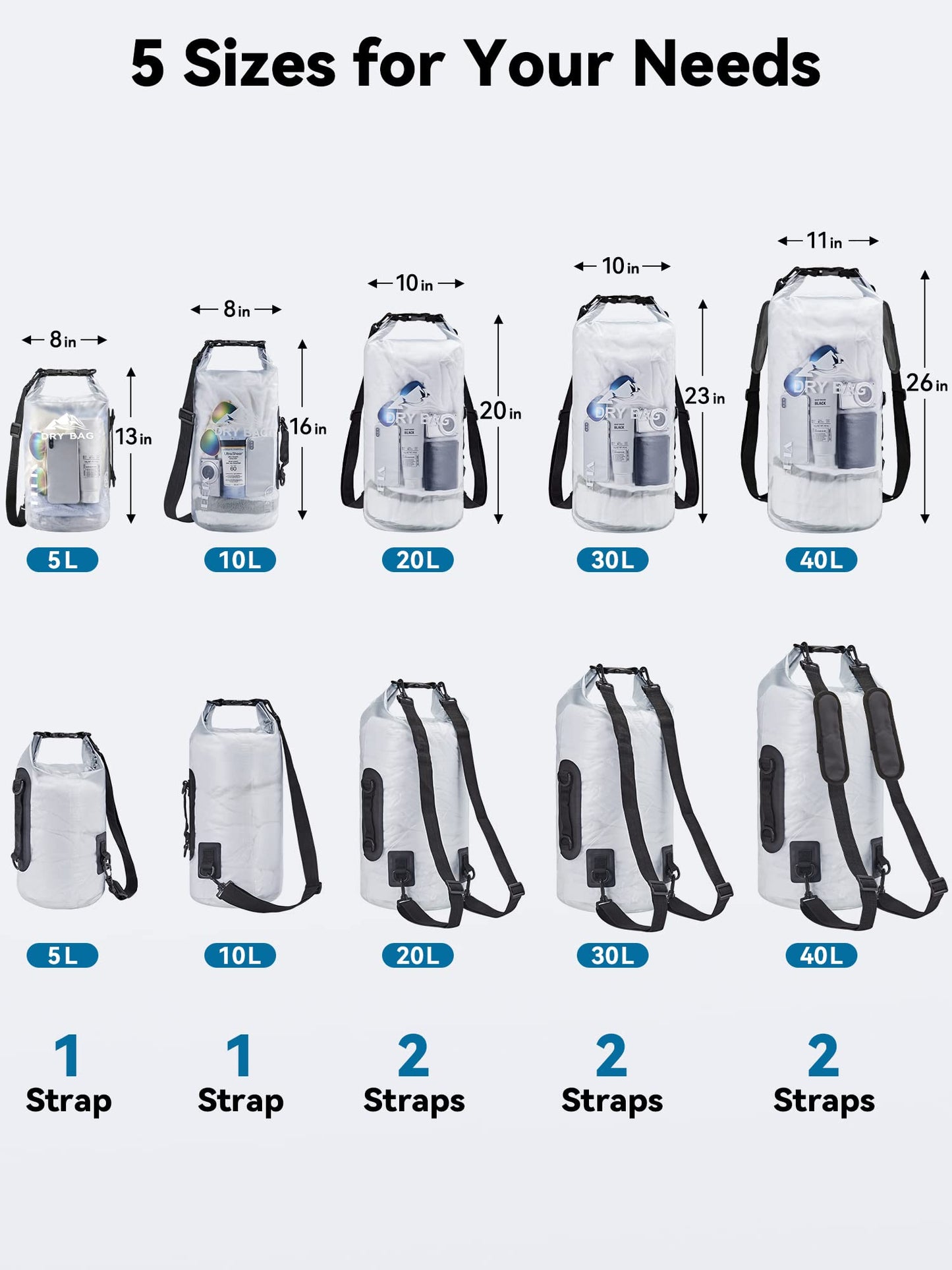 HEETA Waterproof Dry Bag for Women Men, Roll Top Lightweight Dry Storage Bag Backpack with Phone Case for Travel, Swimming, Boating, Kayaking, Camping and Beach, Transparent White 5L