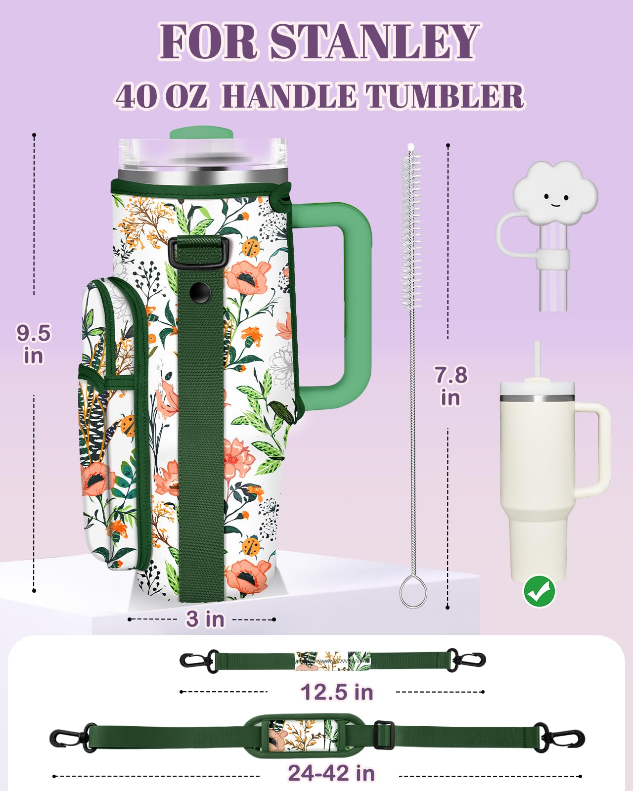 Toykee Water Bottle Holder Carrier Bag for Stanley 40 OZ Tumbler with Strap Phone Pocket, Green Wrap Around Drink Cup Purse Pouch with Straw Cover Cleaner Brush Accessories Flower Print