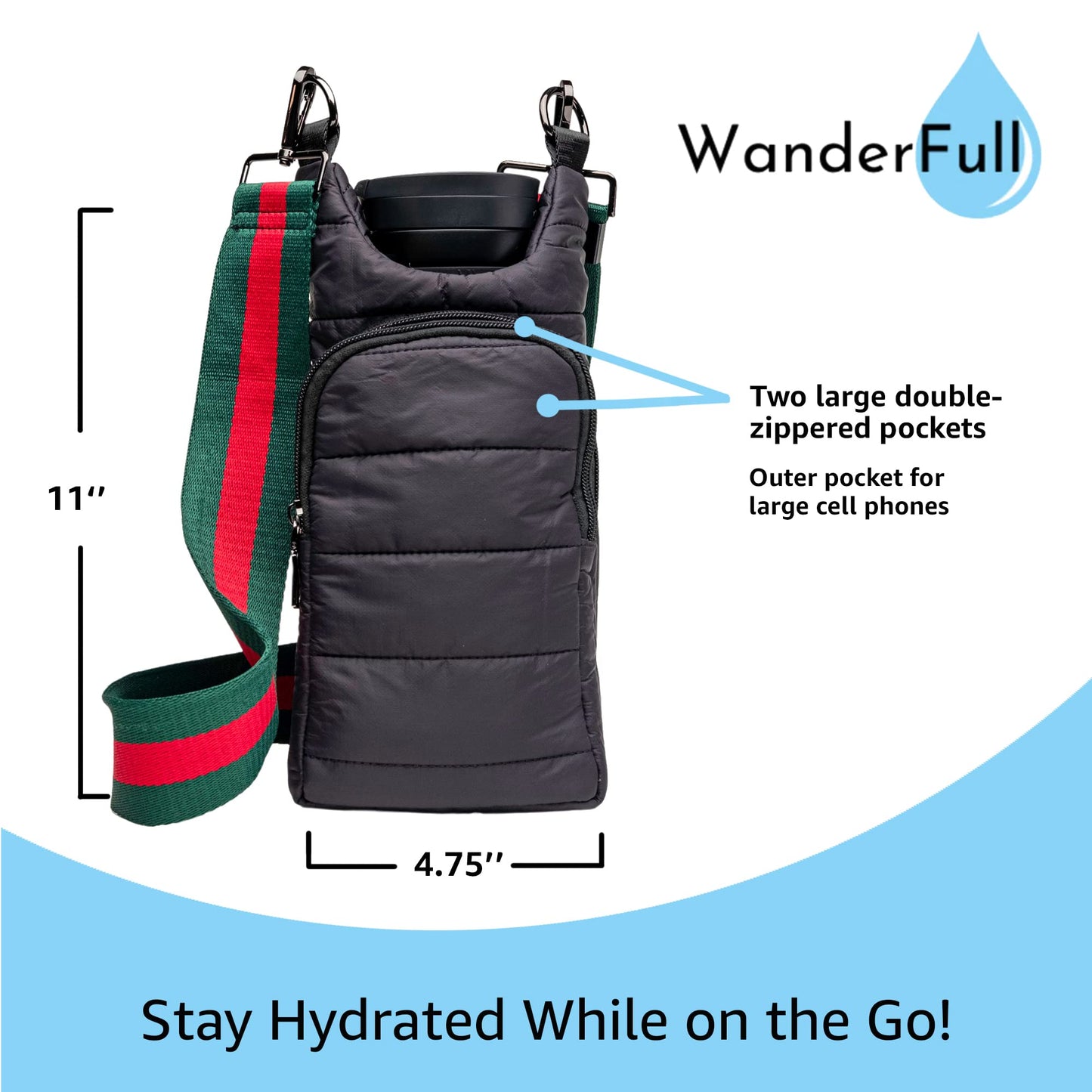WanderFull Original Crossbody HydroBag | Quilted Water Bottle Carrier | Puffer Tote Tumbler Holder w/Pockets for Phone & Accessories | Carry Travel Essentials (Matte Black/Red&Green Striped Strap)