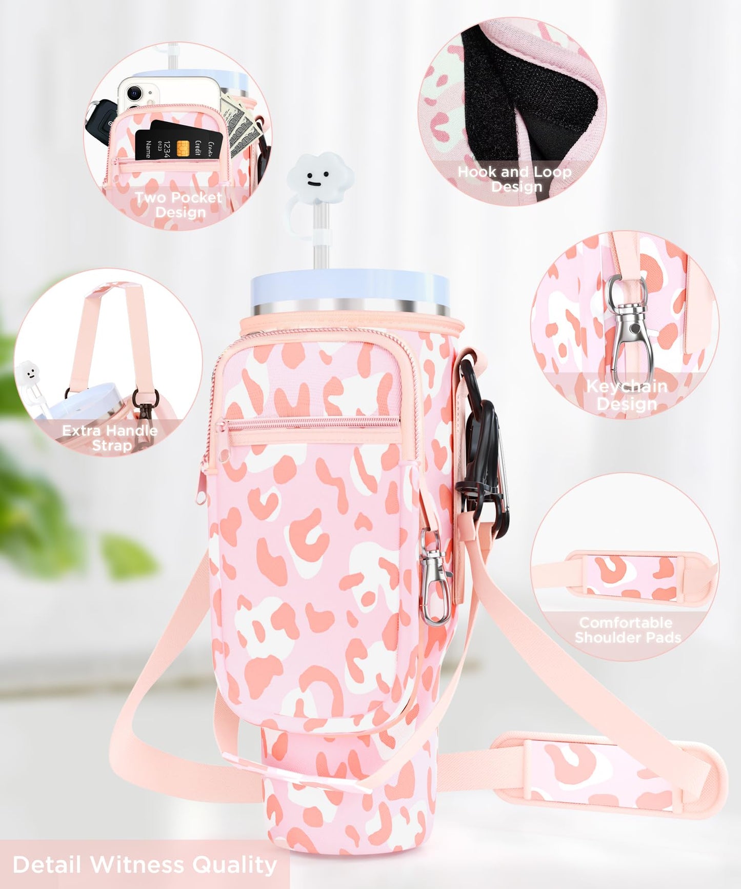 dabria Water Bottle Bag with Phone Pocket for Stanley 40 OZ Tumbler with Handle Neoprene Water Bottle Holder Pouch with Adjustable Strap Bollus with Straw Cover & Carabiner for Stanley Cup Accessories
