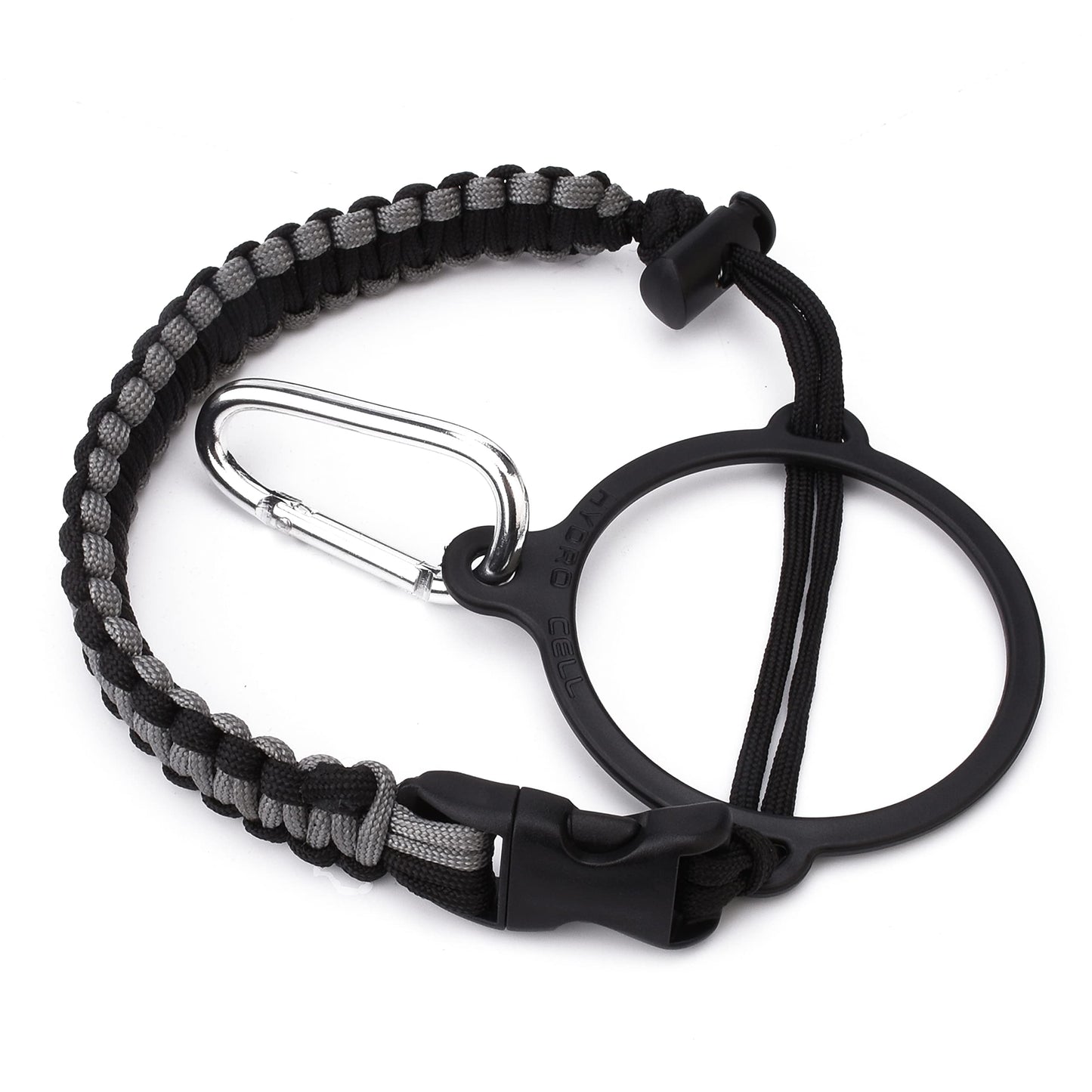 HYDRO CELL Paracord Handle for Wide Mouth Water Bottles - Carrier Strap w/Attachment Ring and Carabiner Accessory. Compatible w/ 64oz, 40oz 32oz, 24oz, 18oz, 14oz Insulated Bottles (Graphite/Black)