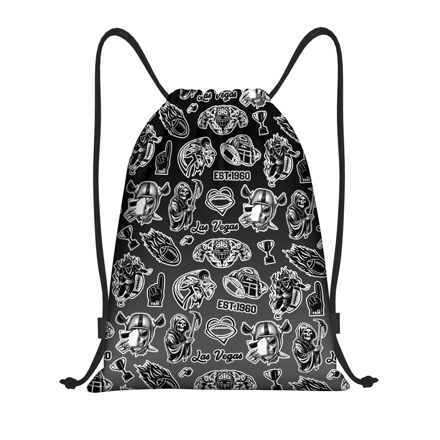 MAUPIVAE Las Vegas Drawstring Bags, Football Lovers Gym Sports Backpack, Black and Silver Hiking Travel Bag for Men Women