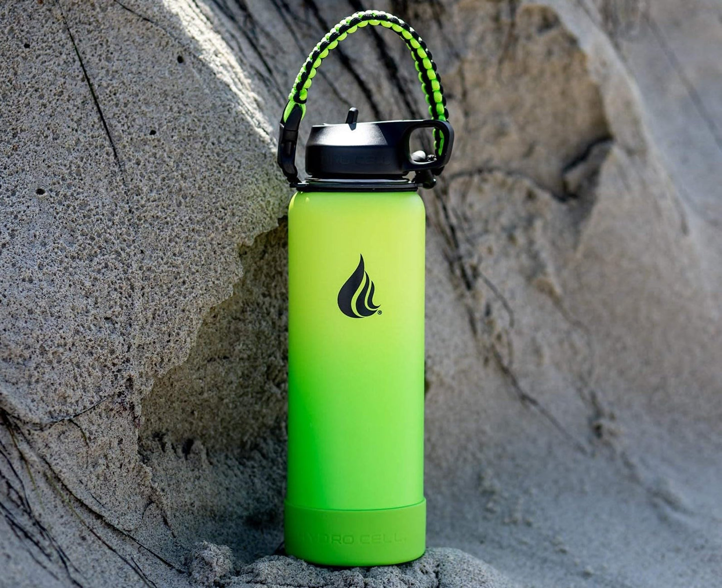 HYDRO CELL Paracord Handle for Wide Mouth Water Bottles - Carrier Strap w/Attachment Ring and Carabiner Accessory. Compatible w/ 64oz, 40oz 32oz, 24oz, 18oz, 14oz Insulated Bottles (Neon/Black)