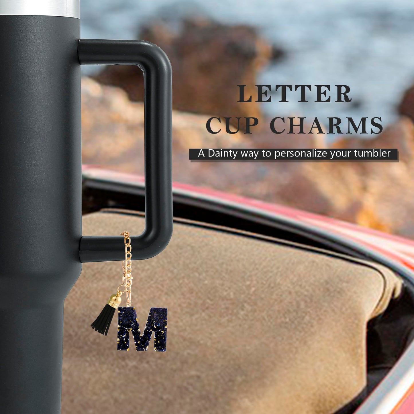 Letter Charm Accessories for Stanley Cup 1 PCS Cute Initial Keychain Handle Charm for Stanley Tumbler for Women Black Letter M