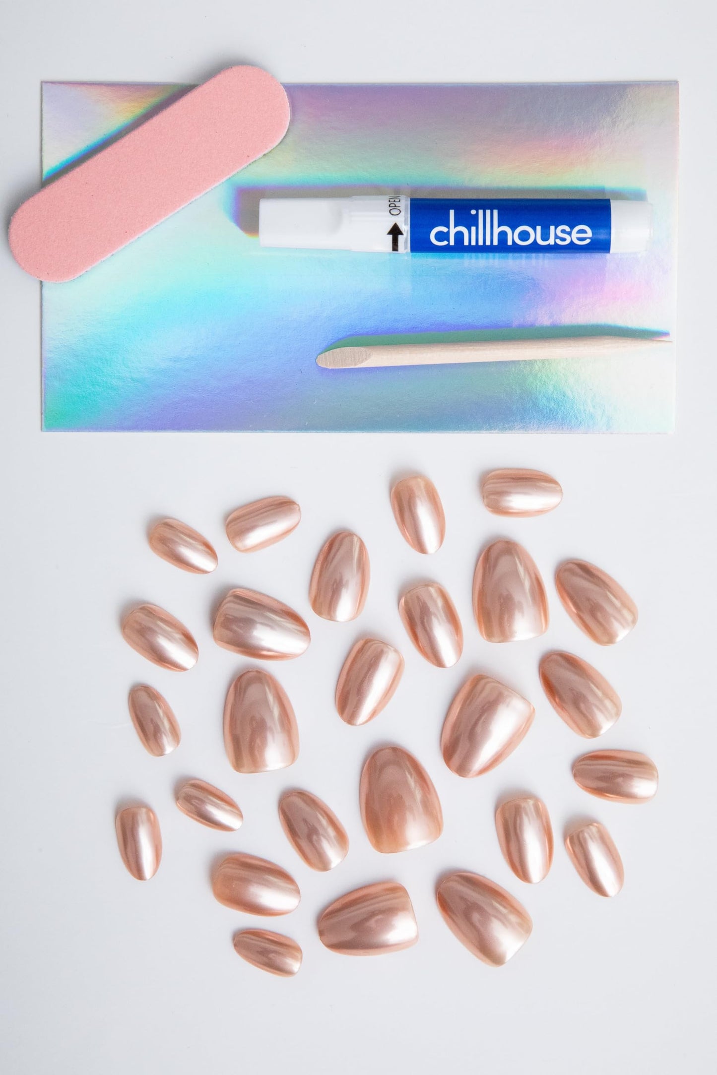 Chillhouse Chill Tips Signatures Press On Nails Kit, Raise a Glass - 24 Nail Shapes & Sizes, Dual-Sided Buffer & File, Cuticle Stick & Glue - Long-Lasting Nail Art Manicures