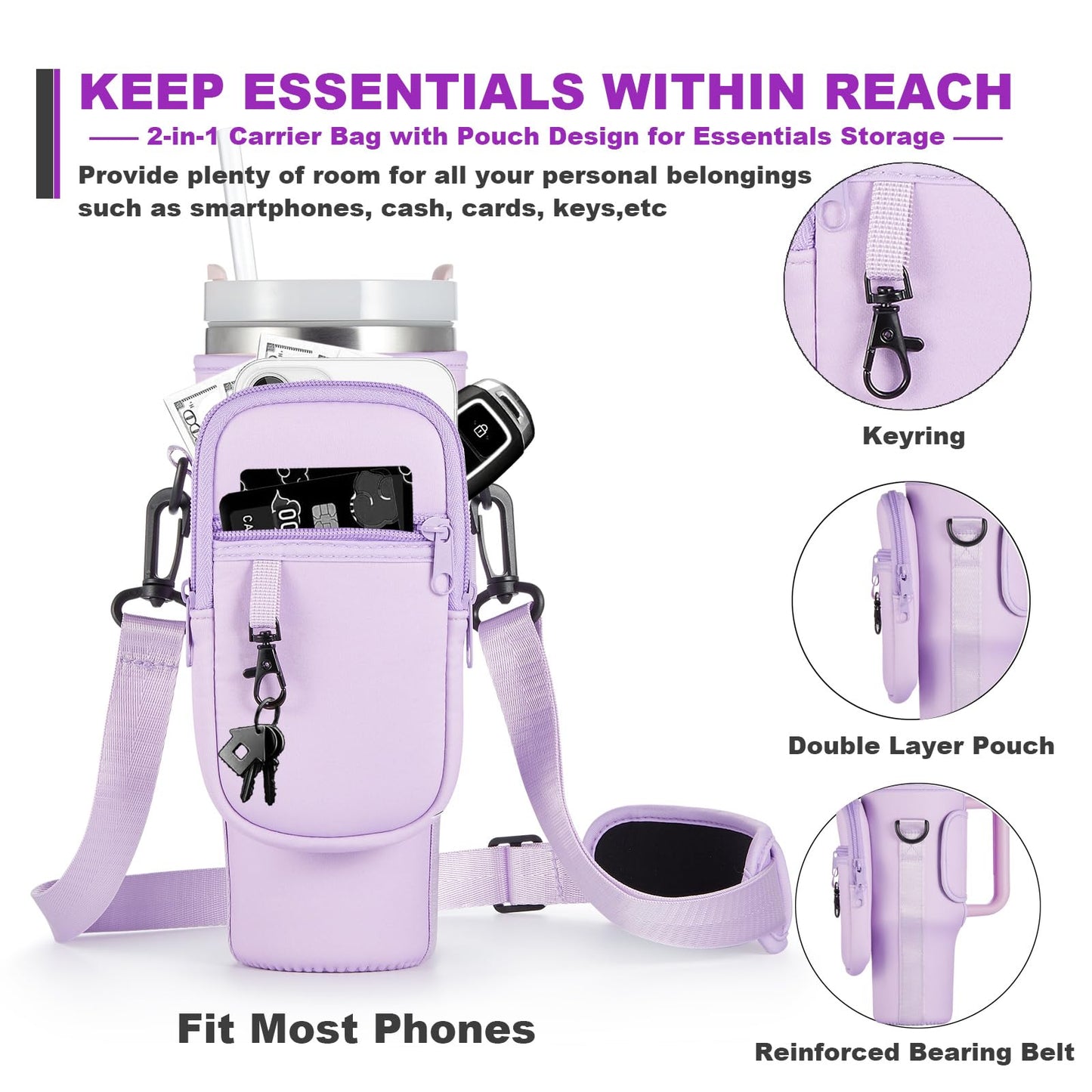 BULKITEM 30oz Water Bottle Carrier Bag with Phone Pocket for Purple Stanley 30 oz Tumbler with Handle, Purple Insulated Neoprene Cup Holder Pouch Strap for Orchid Stanley Cup Accessories