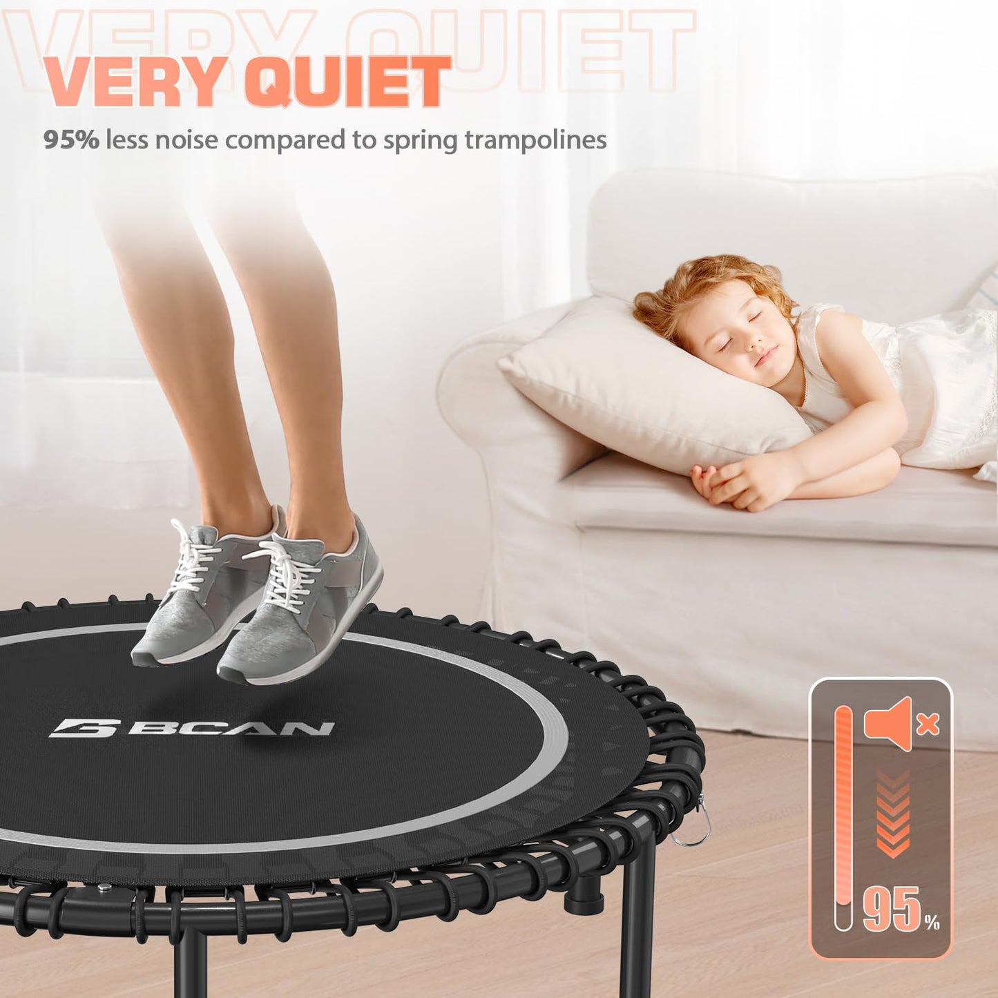BCAN 450 LBS Foldable Mini Trampoline, 40" Fitness Trampoline with Adjustable Handle Bar, Bungees, Stable & Quiet Exercise Rebounder for Kids Adults Indoor/Garden Workout-Silver