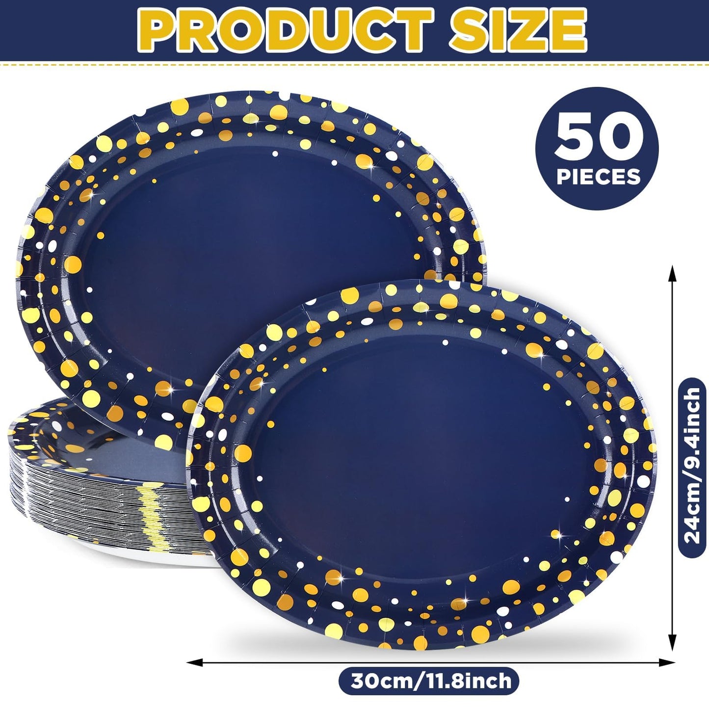 50Pcs Blue and Gold Party Supplies Large Gold Dot on Blue Paper Plates Oval Dinner Plates Disposable Party Tableware for Birthday Decorations Graduation Baby Showers Wedding Holiday Retirement